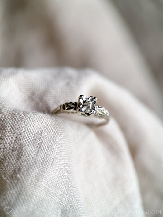 Vintage Diamond Engagement Ring, Round Cut, 14k White Gold, 1940s Art Deco Bridal Ring