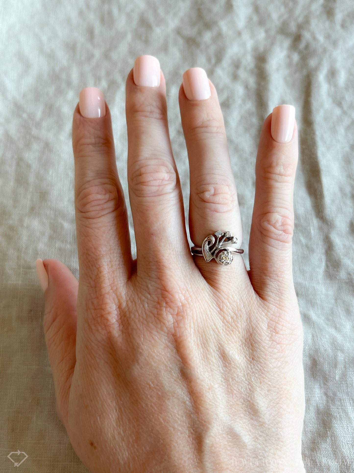 Vintage 1940s Art Nouveau Diamond Engagement Ring, 14k White Gold