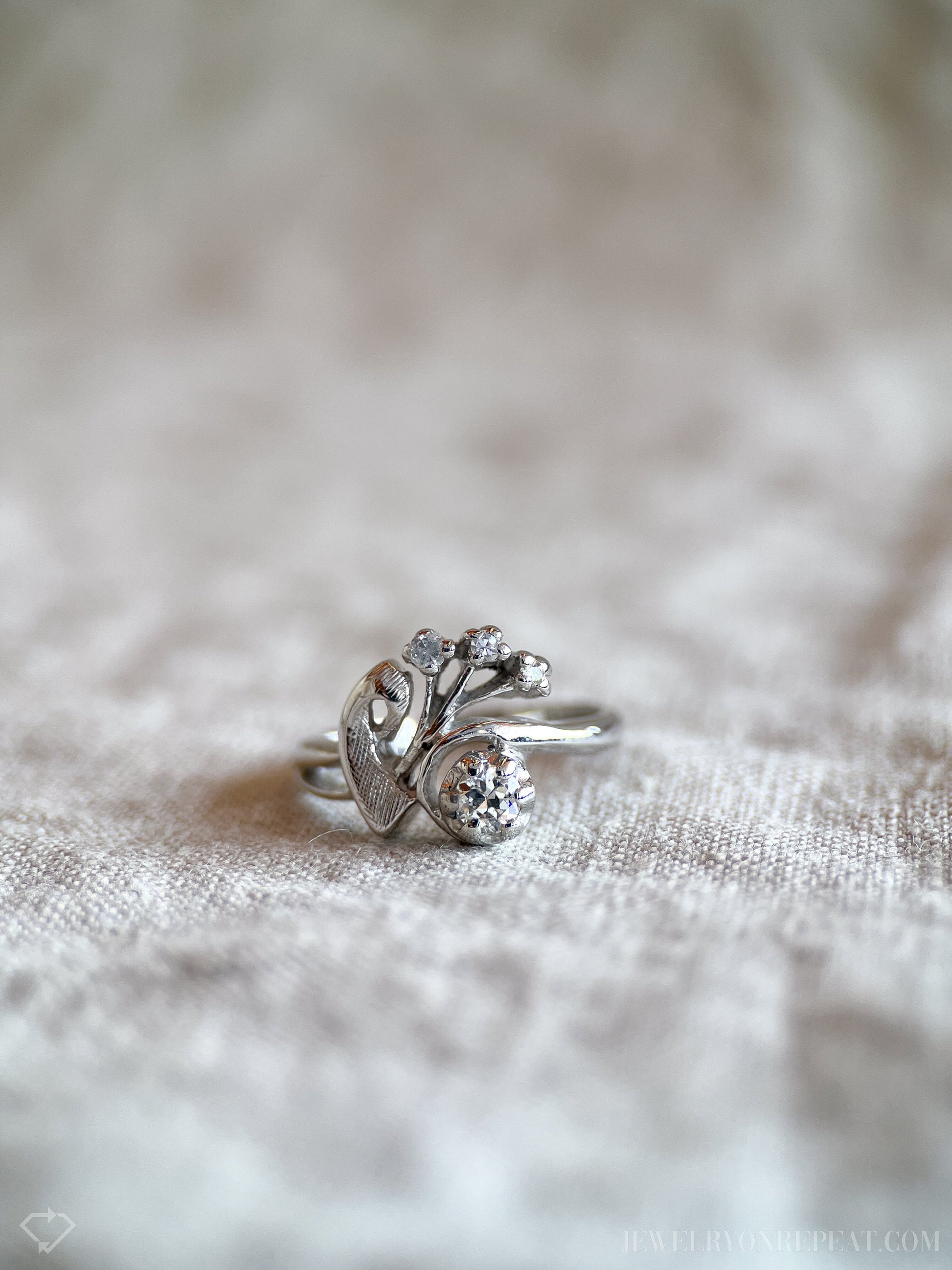 Vintage 1940s Art Nouveau Diamond Engagement Ring, 14k White Gold
