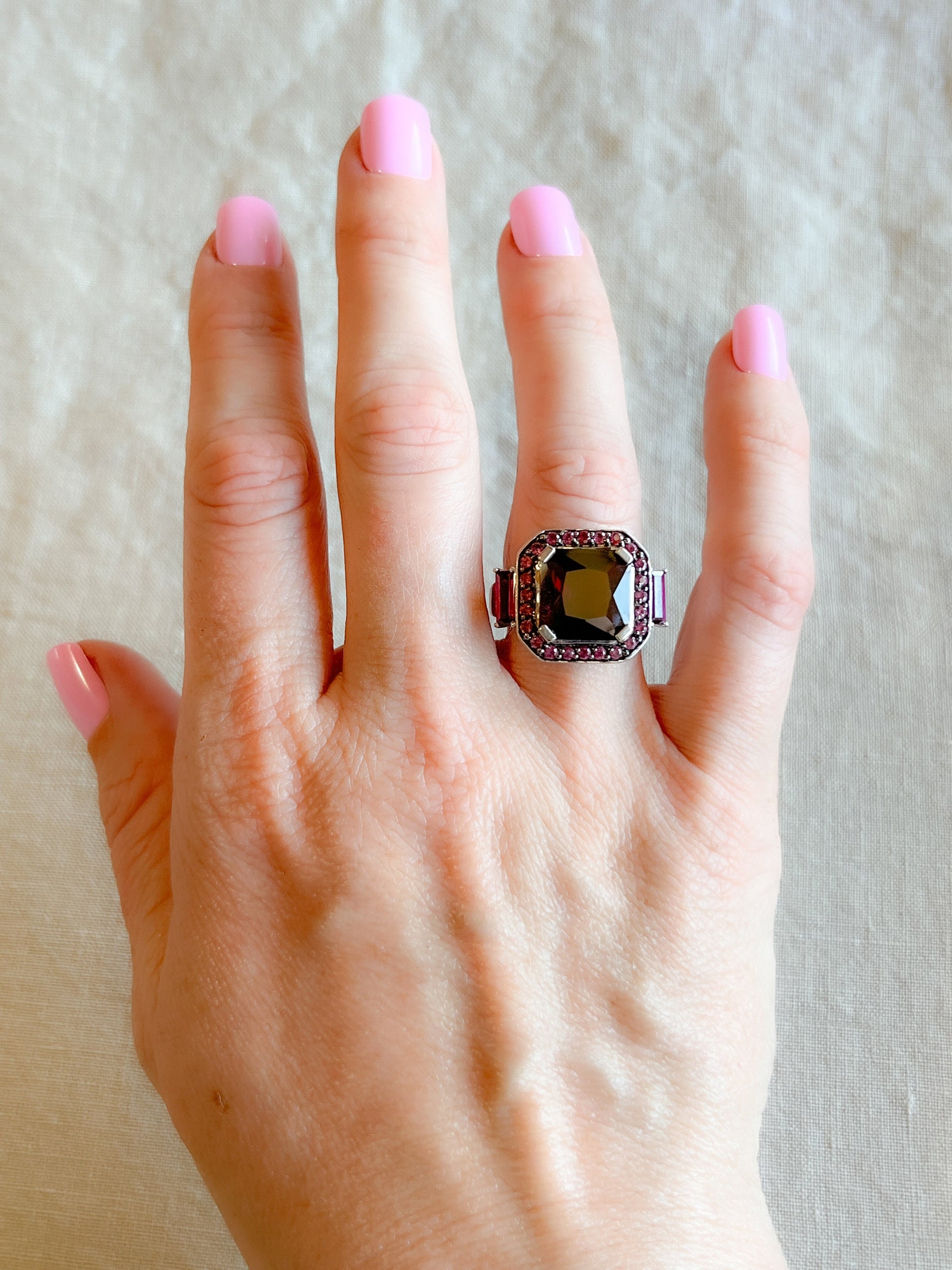 Vintage Rhodolite Garnet Halo Gemstone Ring in 10k White Gold