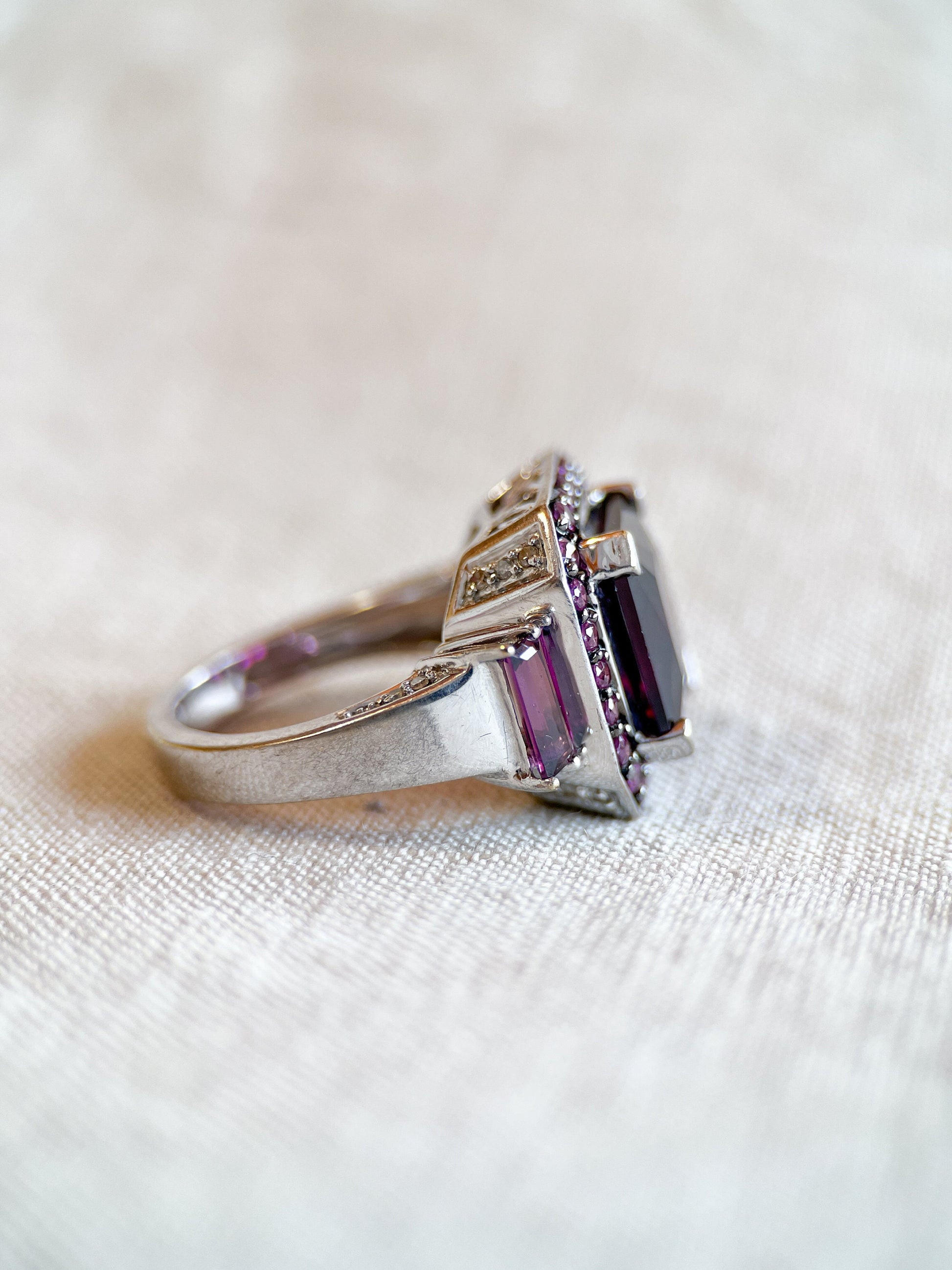 Vintage Rhodolite Garnet Halo Gemstone Ring in 10k White Gold