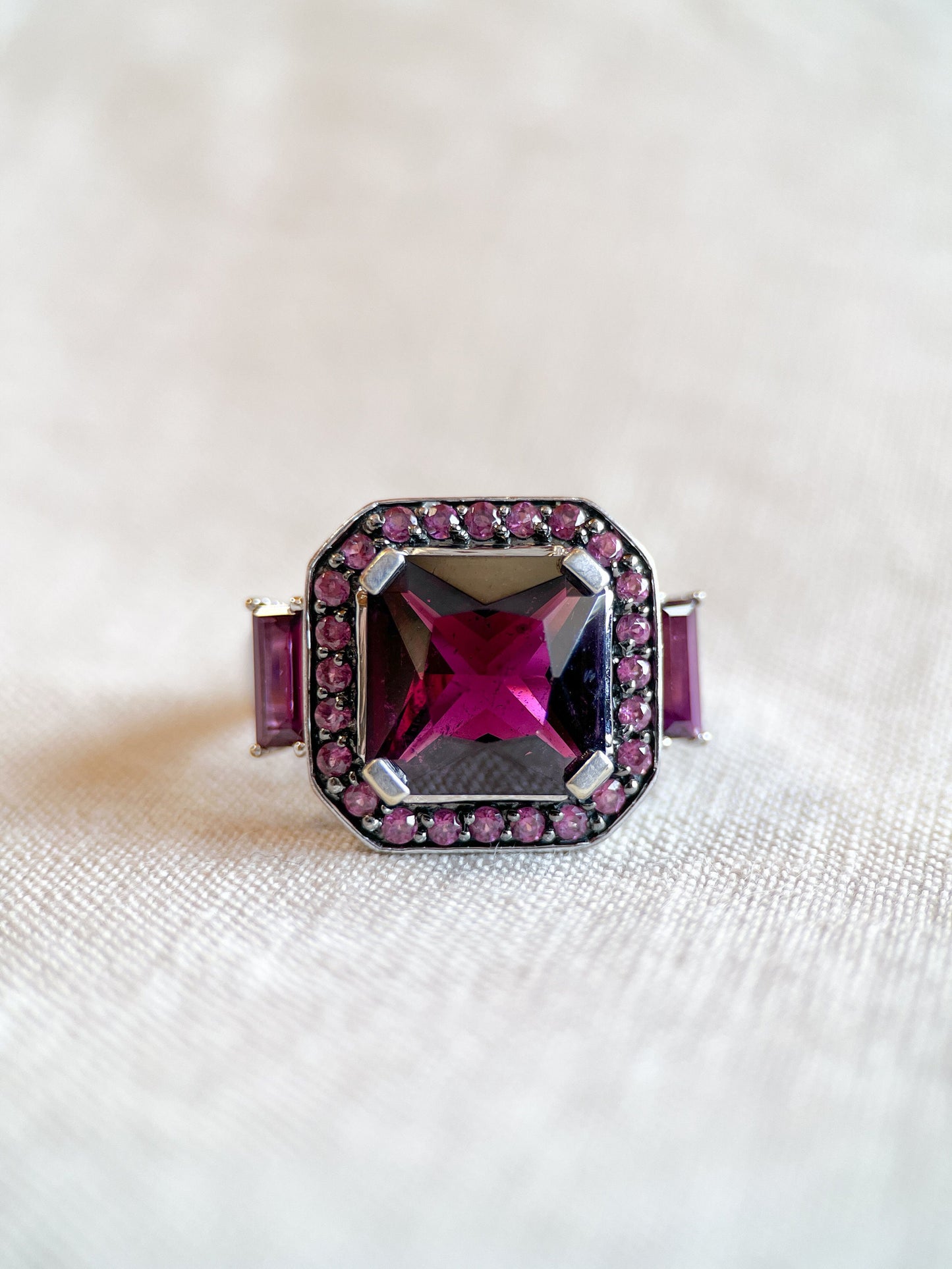 Vintage Rhodolite Garnet Halo Gemstone Ring in 10k White Gold