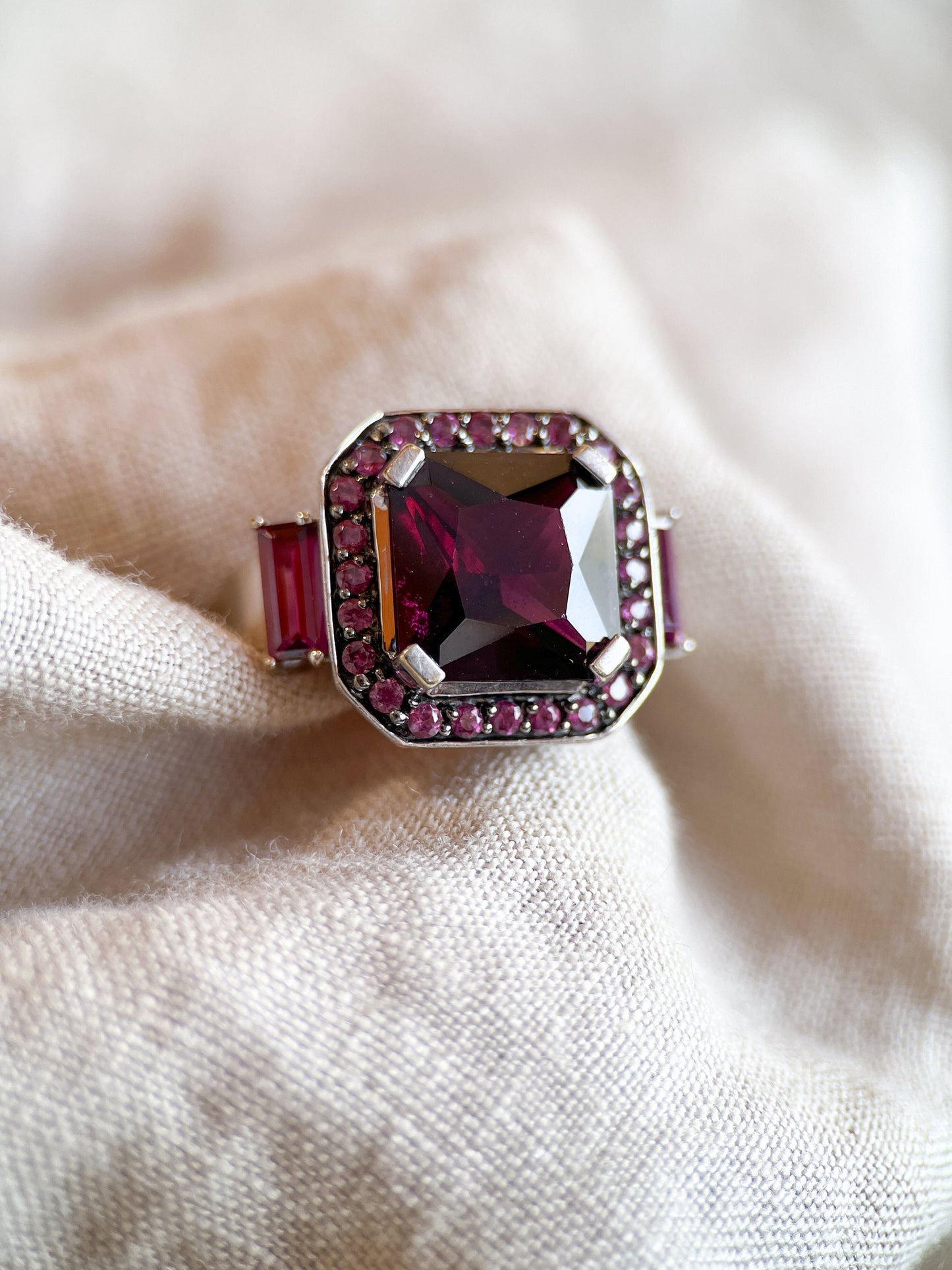 Vintage Rhodolite Garnet Halo Gemstone Ring in 10k White Gold