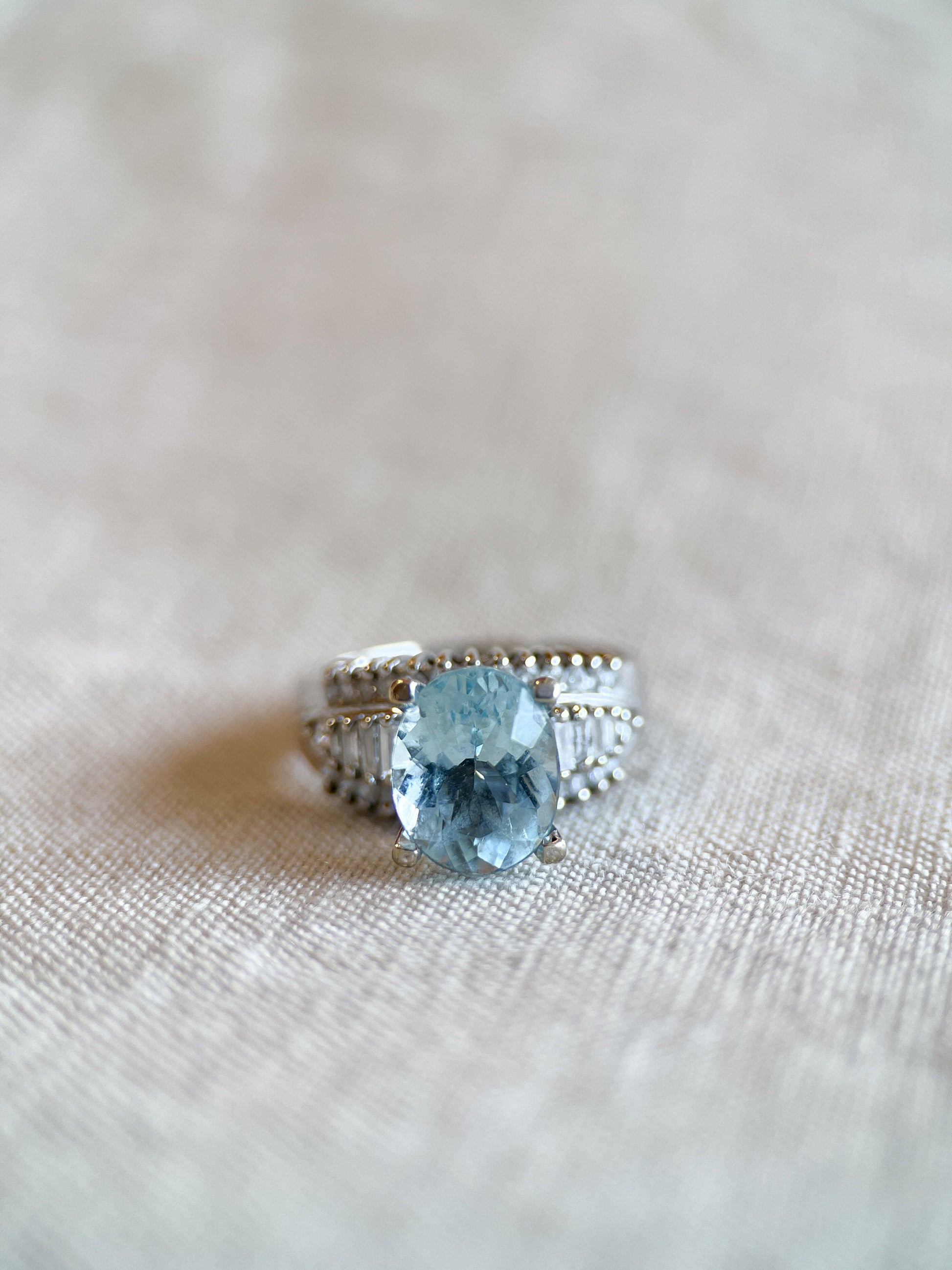 Vintage Aquamarine Gemstone and Diamond Ring in 18k White Gold