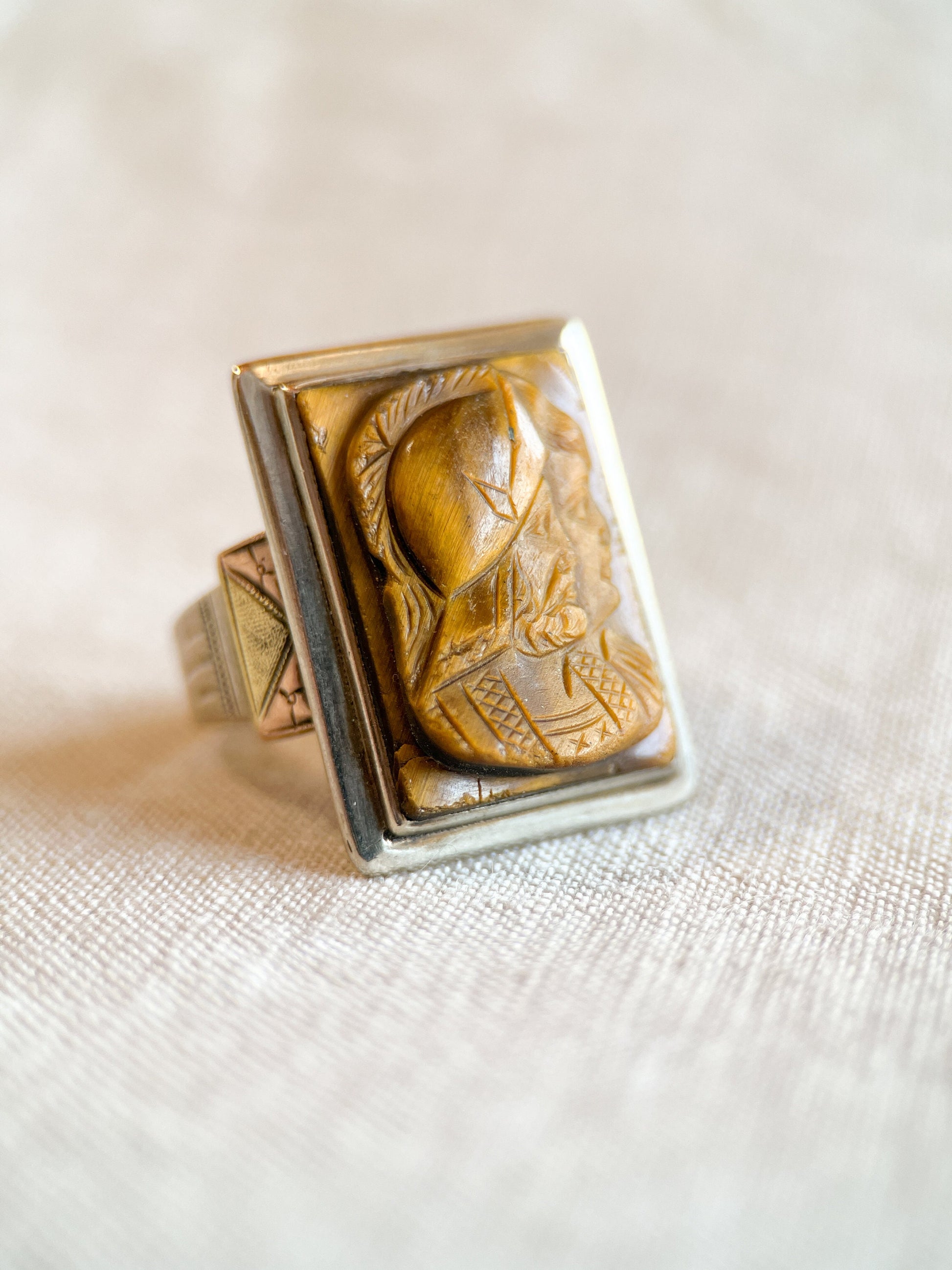Antique 1920s Tigers Eye Cameo Gemstone Ring, 10k Gold