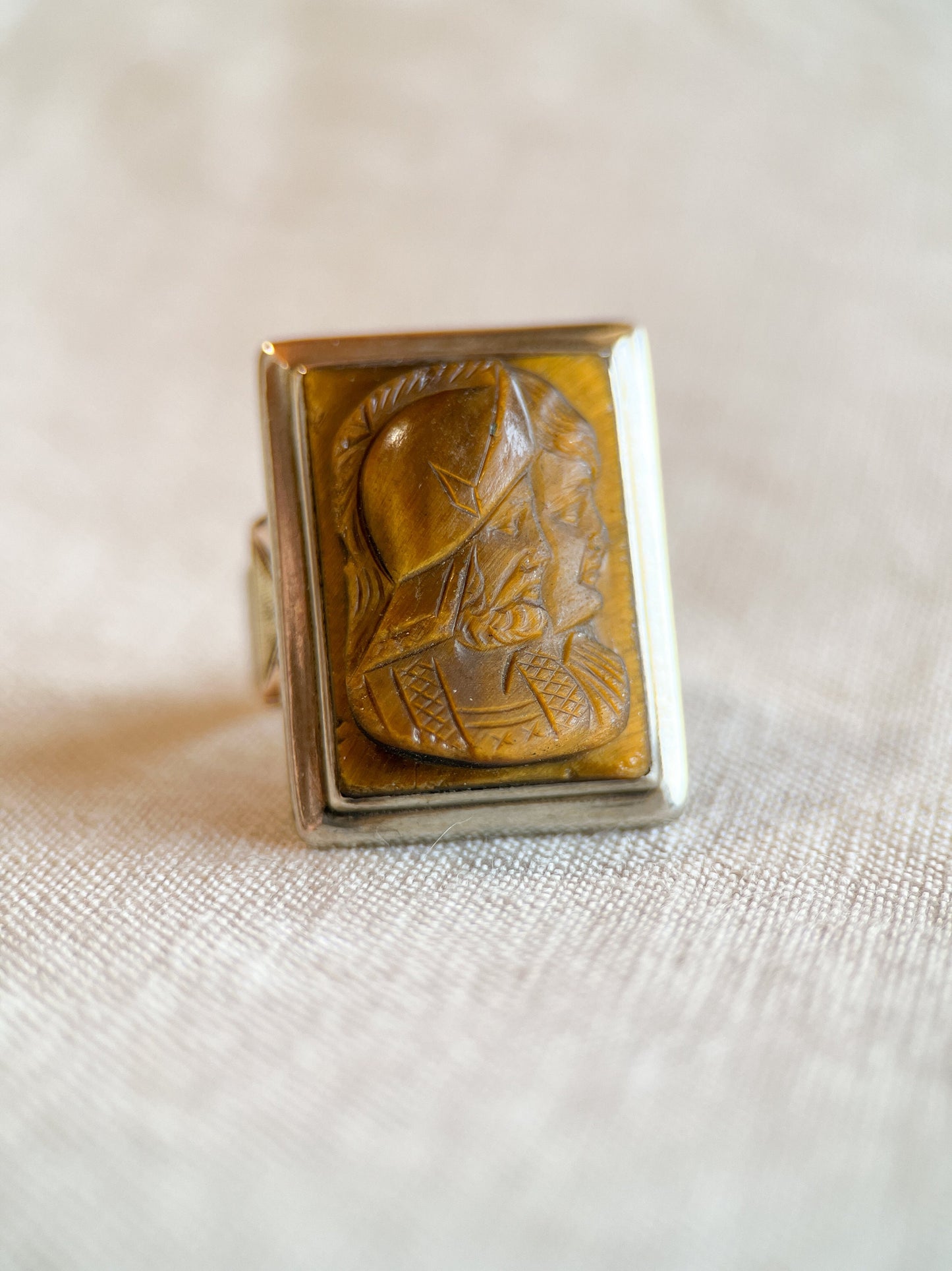 Antique 1920s Tigers Eye Cameo Gemstone Ring, 10k Gold