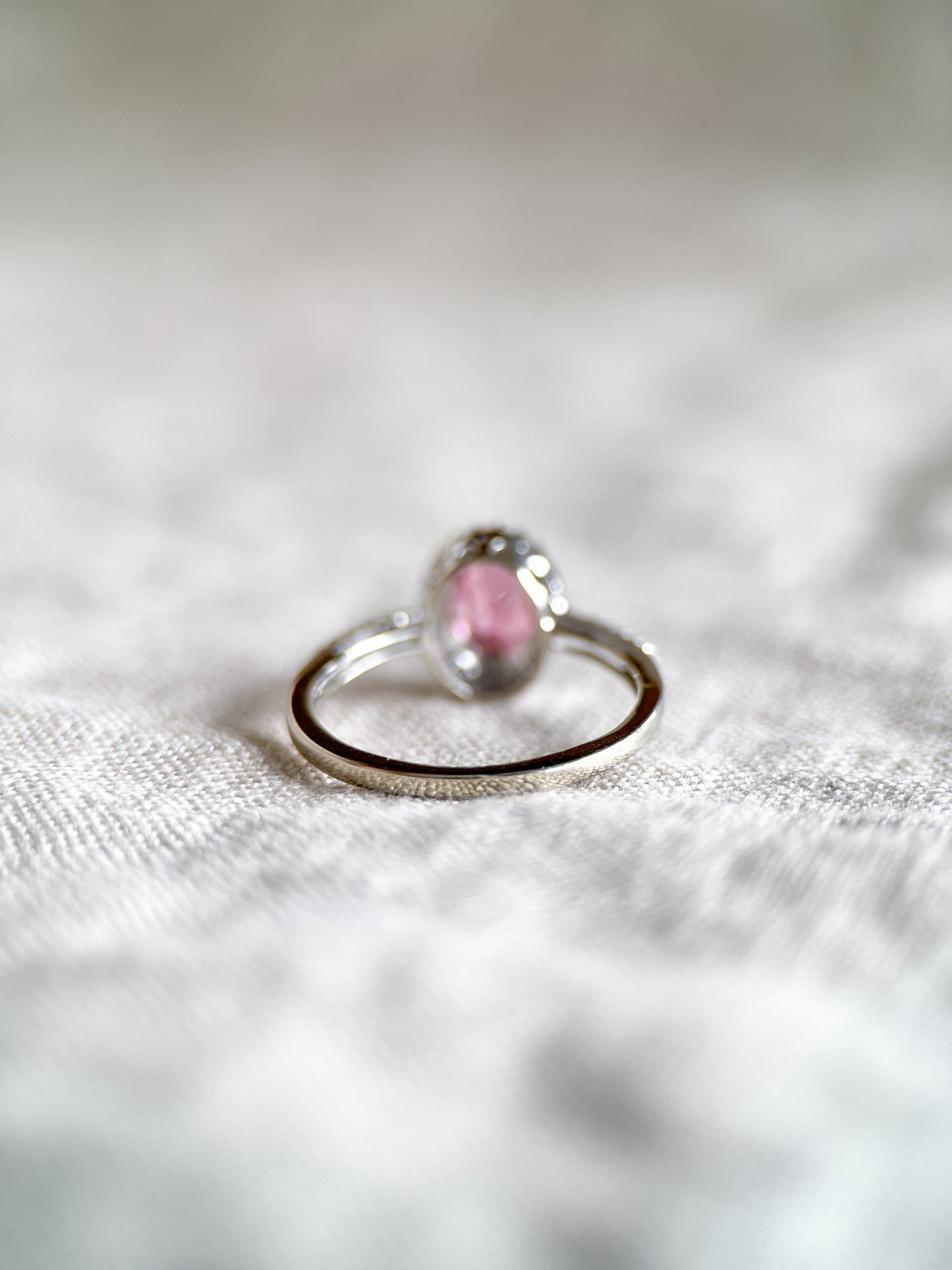 Vintage Pink Tourmaline Gemstone Ring with Diamond Halo in 14k White Gold