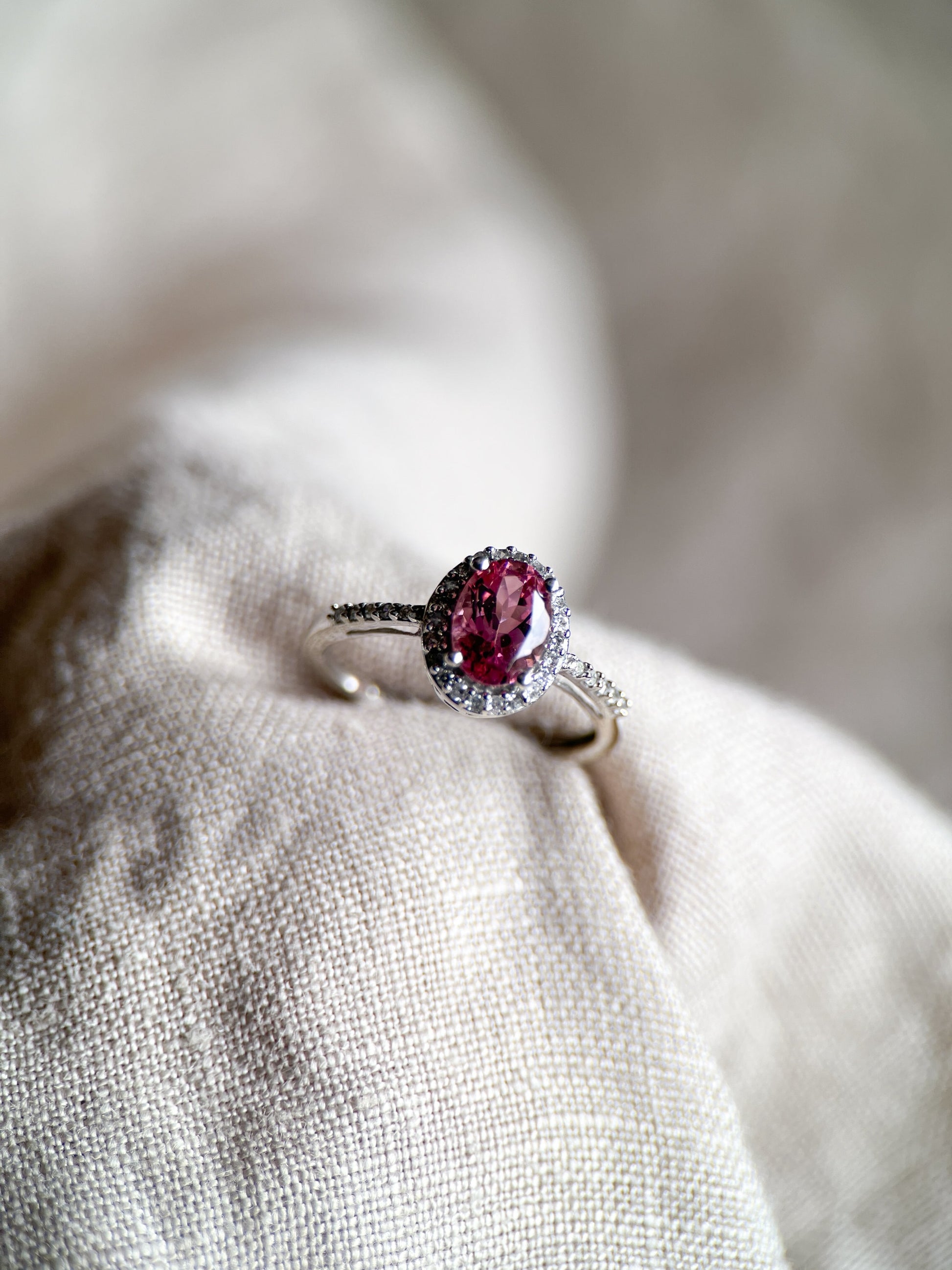 Vintage Pink Tourmaline Gemstone Ring with Diamond Halo in 14k White Gold