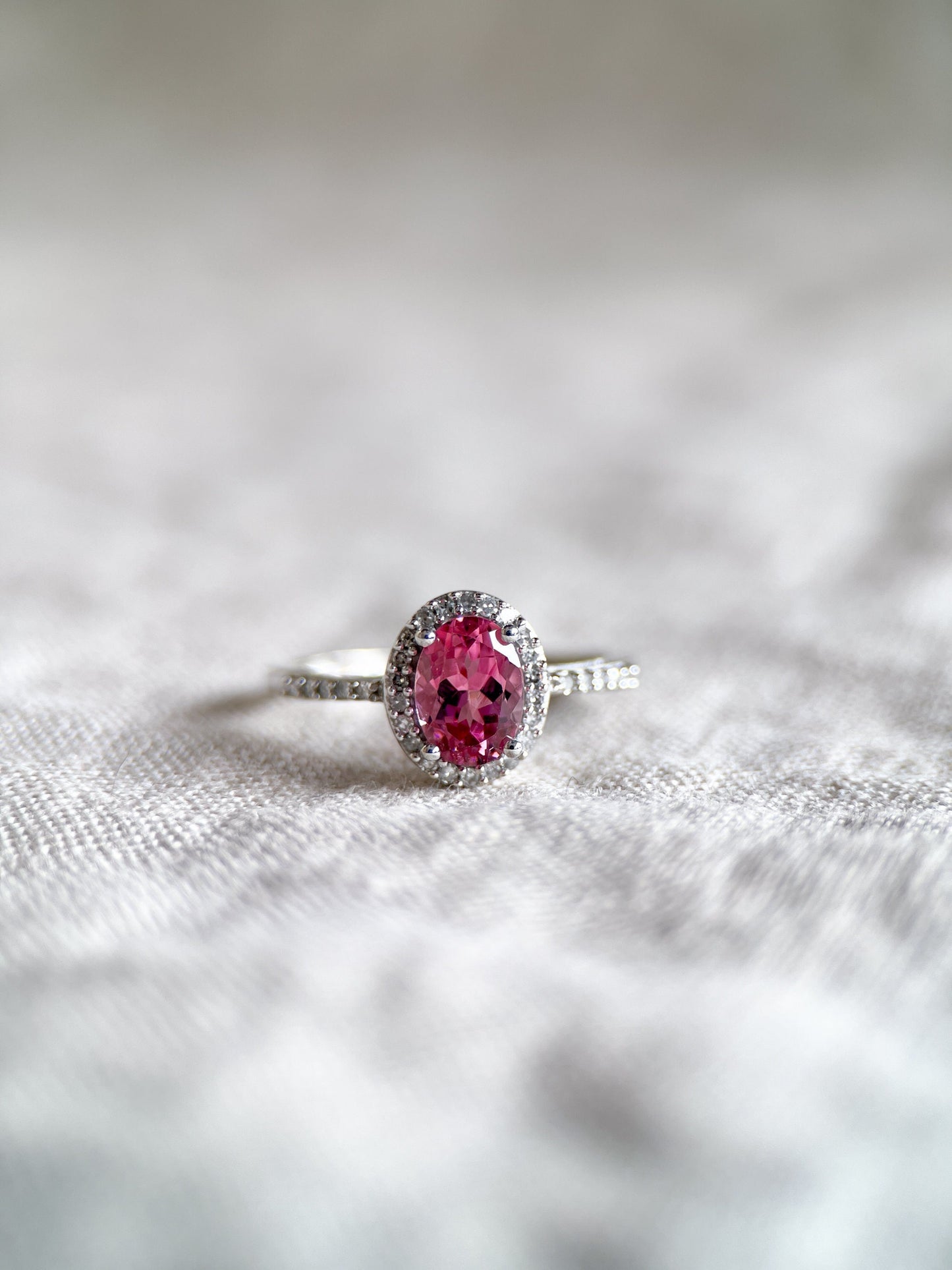 Vintage 1990s Tourmaline & Diamond Engagement Ring, 14k White Gold, Oval Halo Gemstone Bridal Jewelry