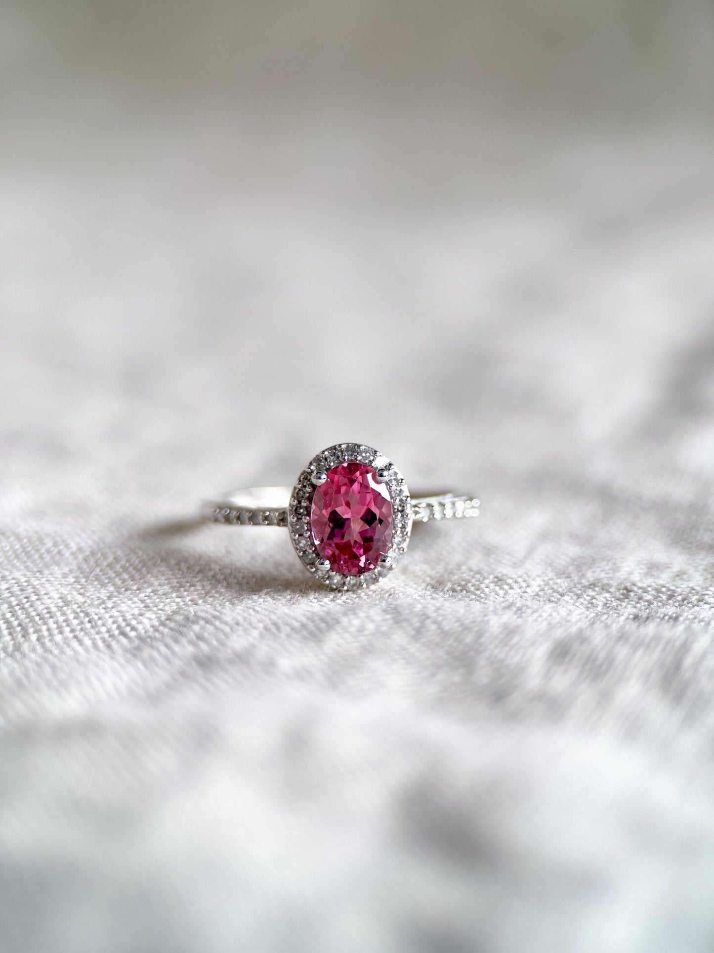 Vintage Pink Tourmaline Gemstone Ring with Diamond Halo in 14k White Gold