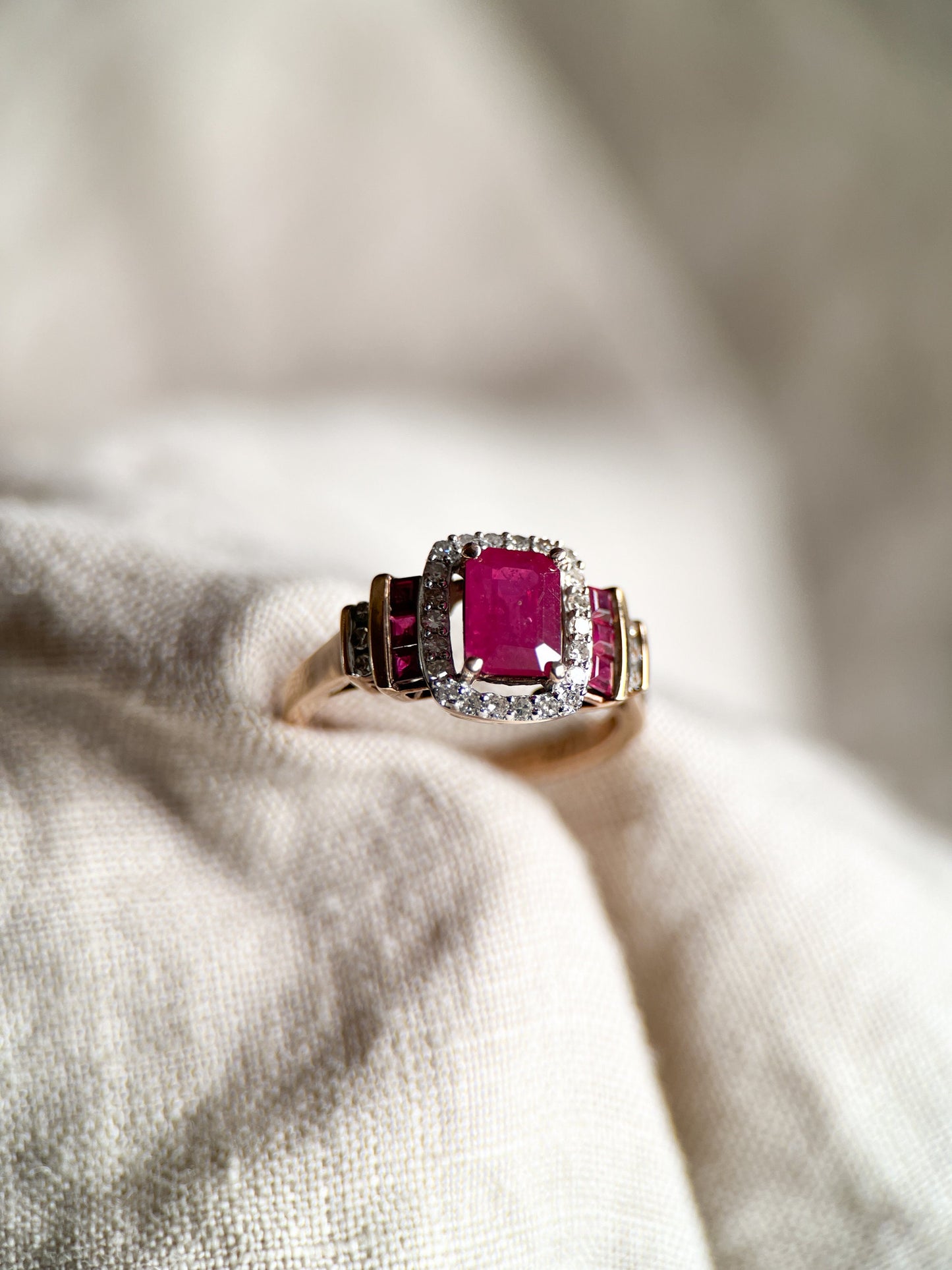 Vintage Ruby Three Stone Diamond Halo Gemstone Ring in 14k Gold