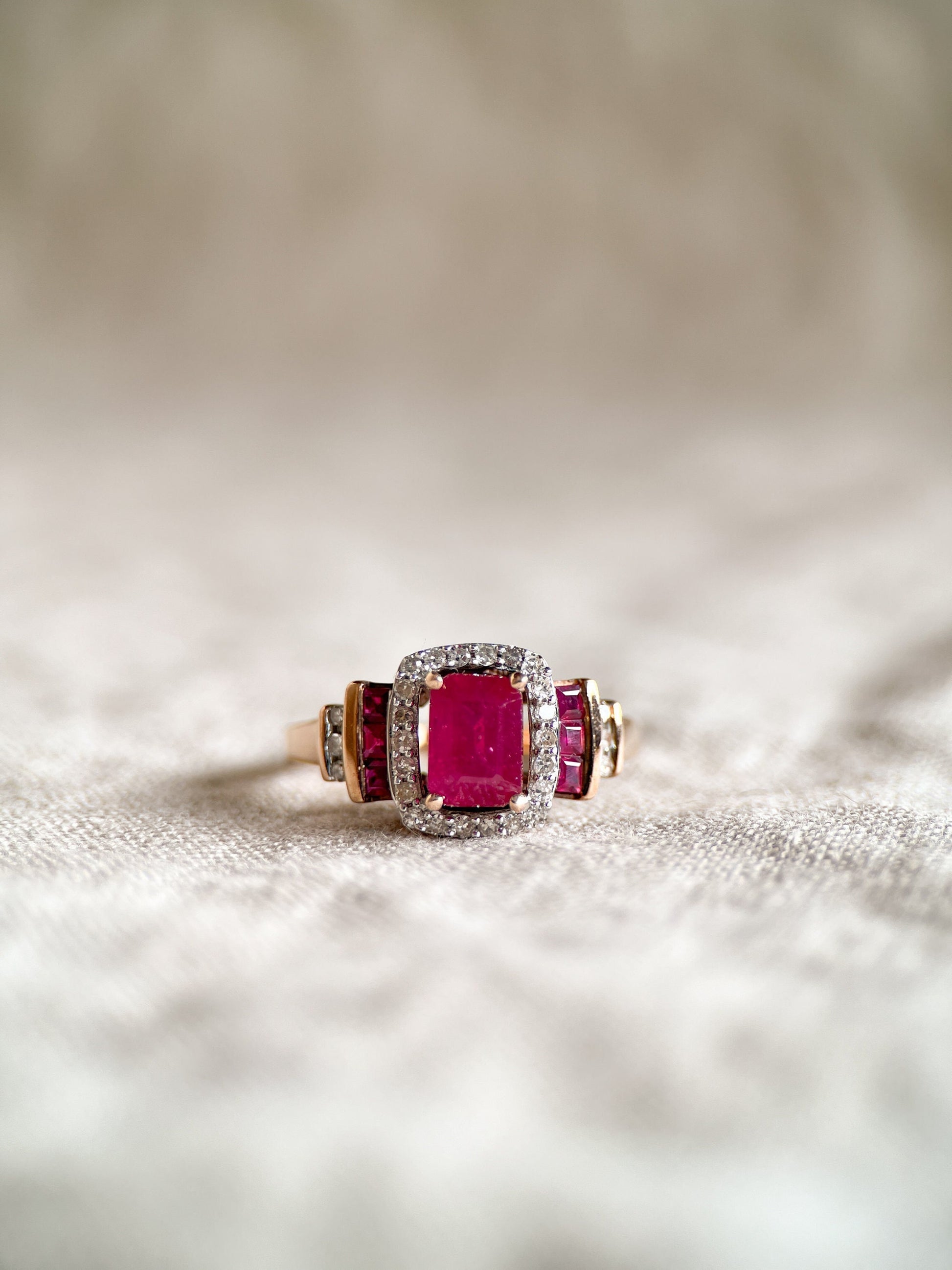 Vintage Ruby Three Stone Diamond Halo Gemstone Ring in 14k Gold