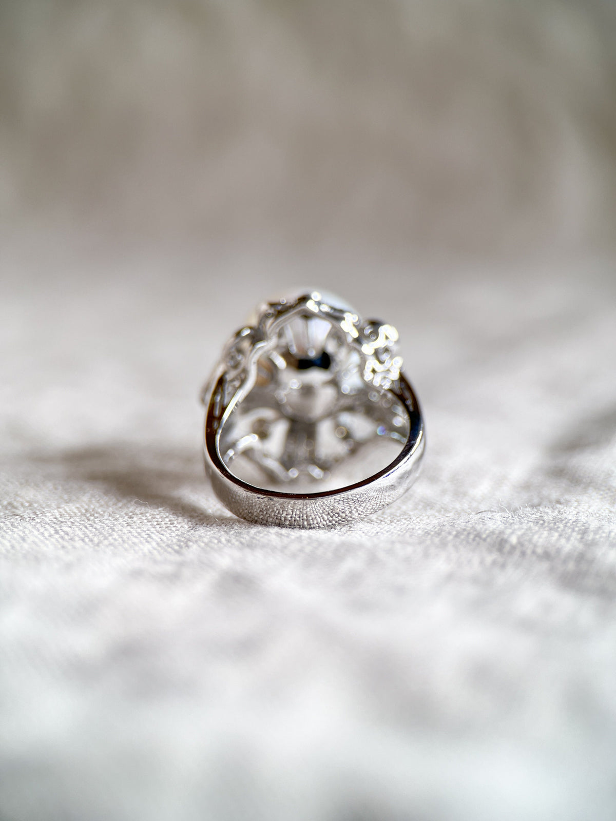 Vintage 1960s Pearl & Diamond Floral Ring, 18k White Gold