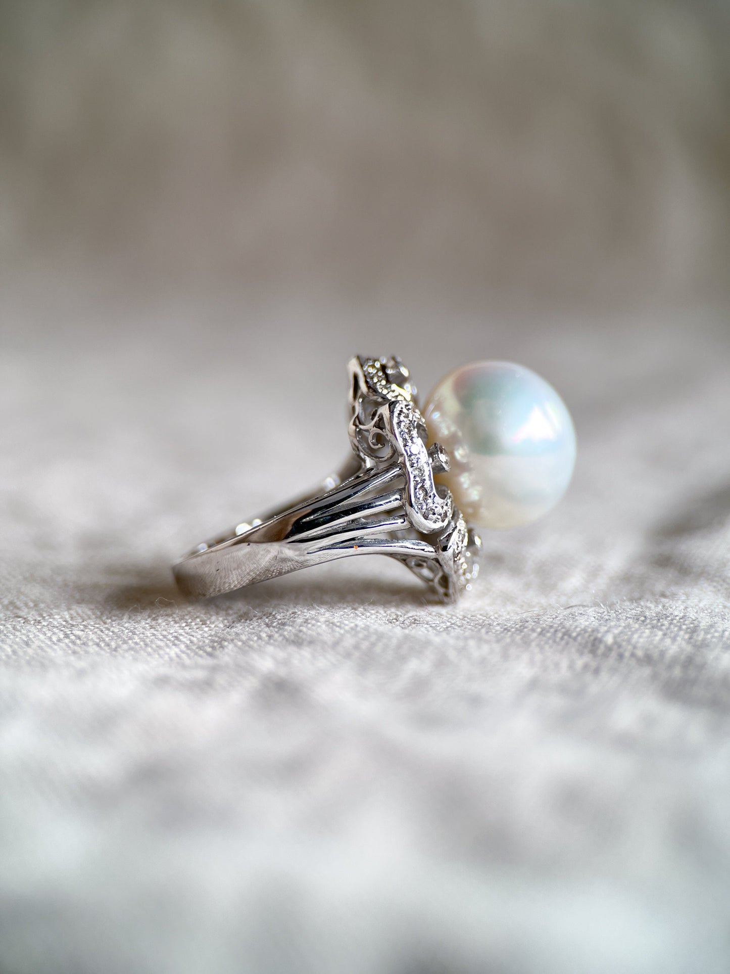 Vintage 1960s Pearl & Diamond Floral Ring, 18k White Gold
