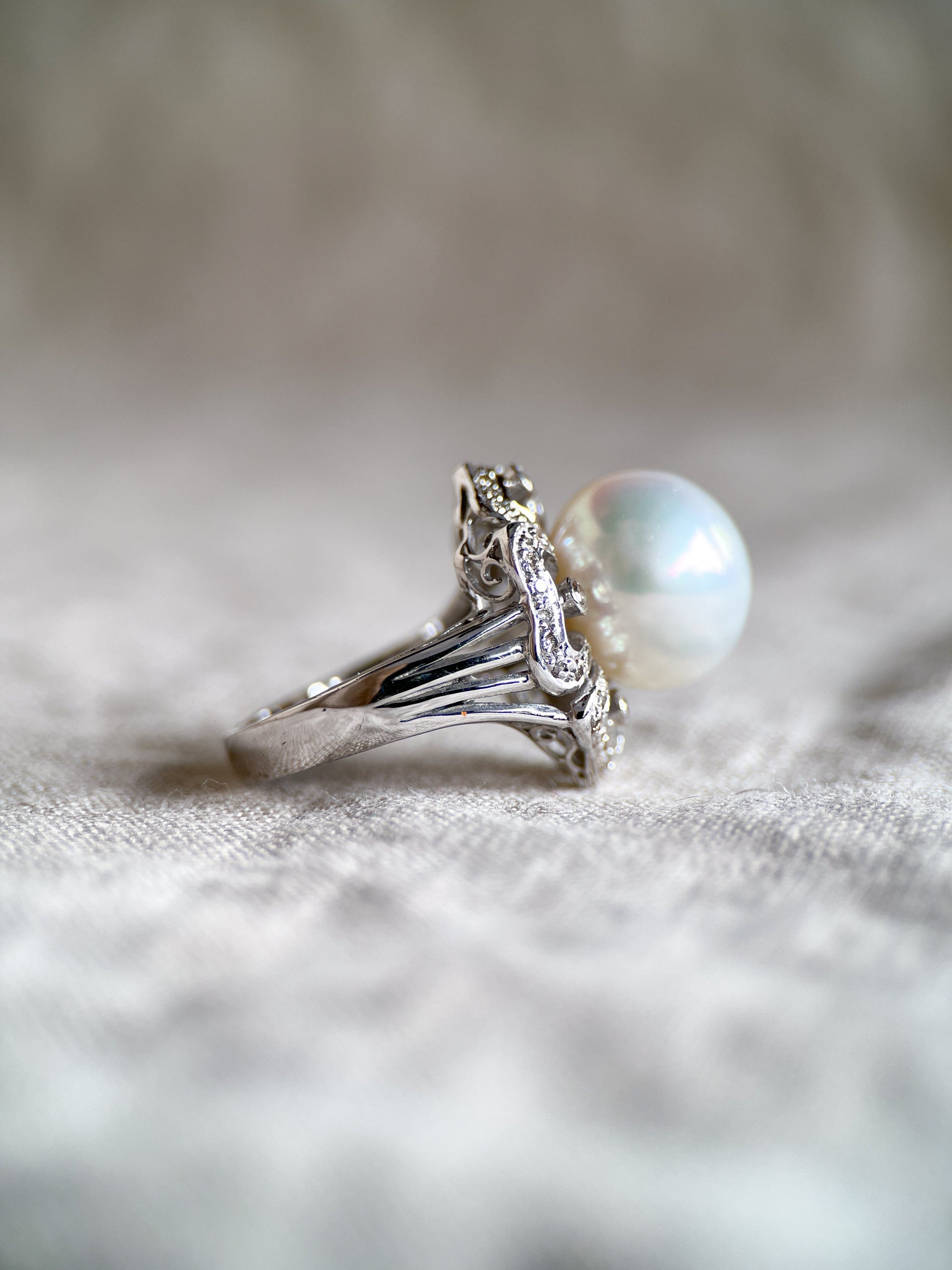 Vintage 1960s Pearl & Diamond Floral Ring, 18k White Gold