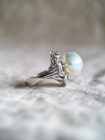 Vintage 1960s Pearl & Diamond Floral Ring, 18k White Gold