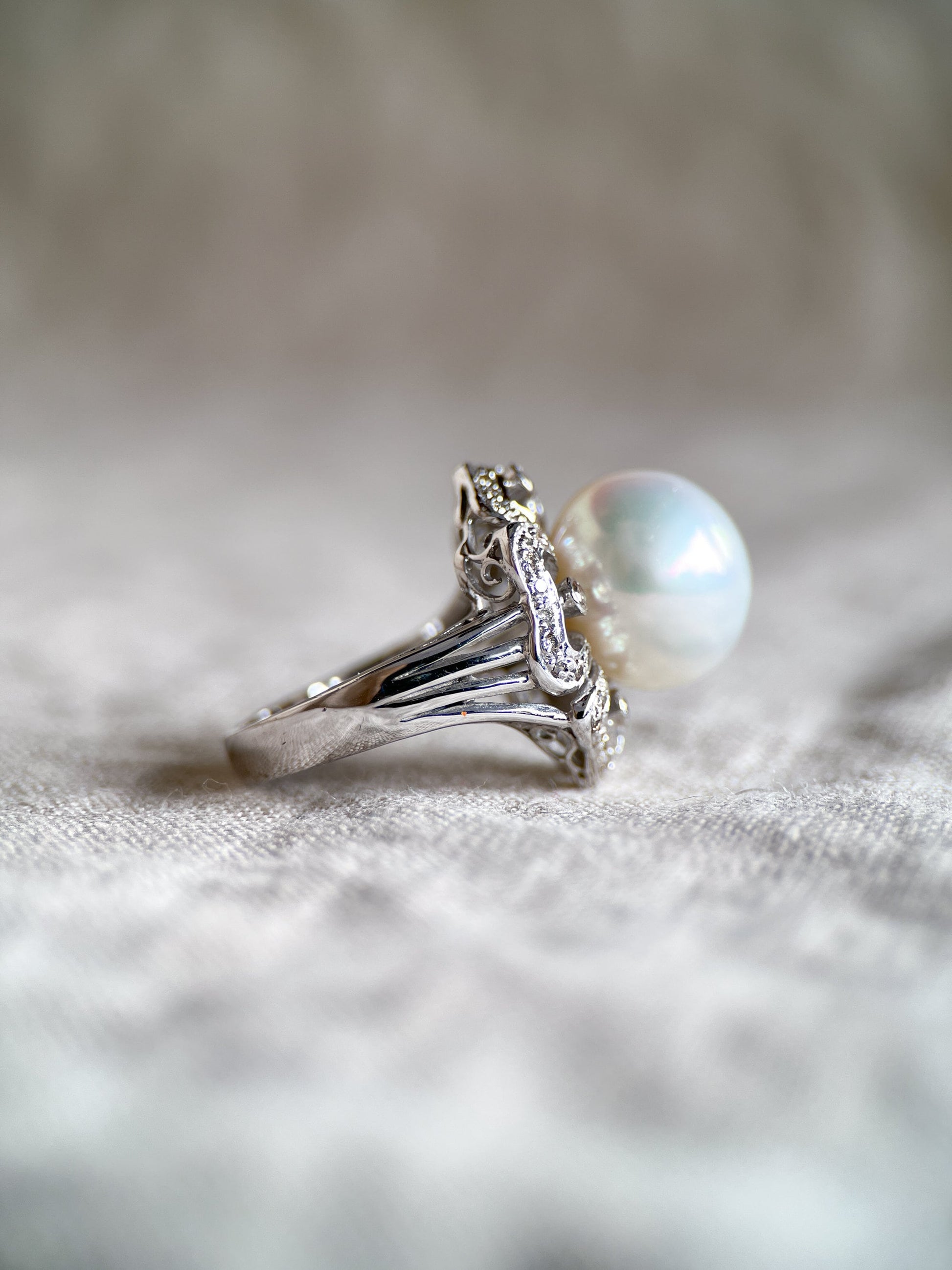 Vintage Pearl Gemstone Ring with Floral Halo in 18k White Gold