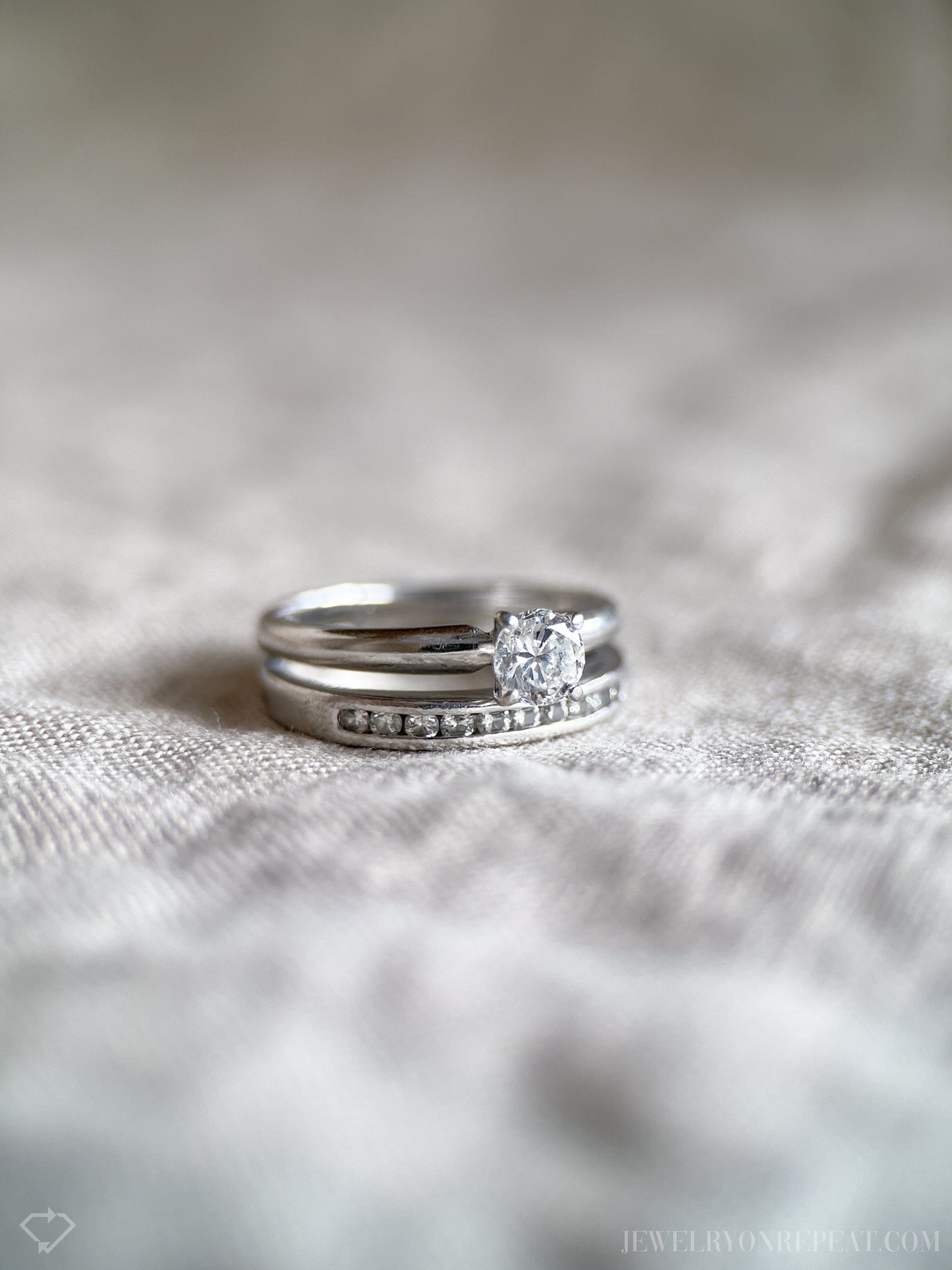 Vintage Diamond Engagement & Wedding Ring, Round Cut, Platinum, 1990s Solitaire Channel Bridal Set