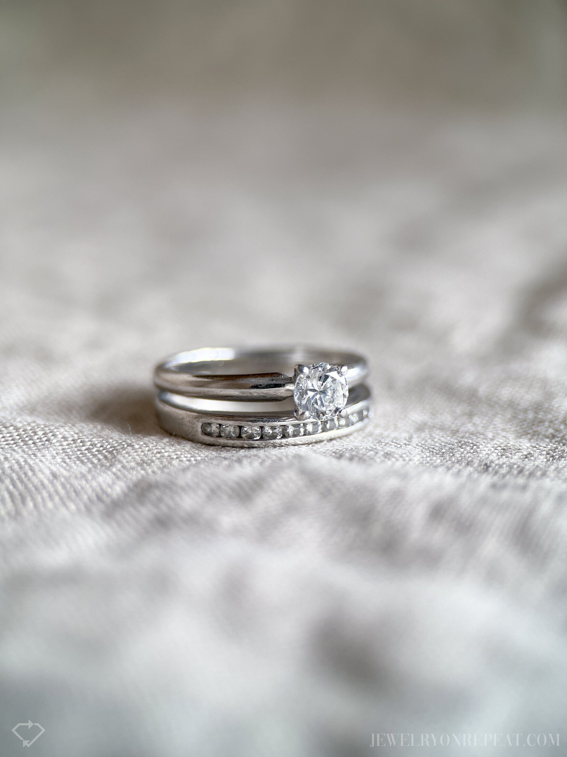 Vintage Diamond Engagement & Wedding Ring, Round Cut, Platinum, 1990s Solitaire Channel Bridal Set
