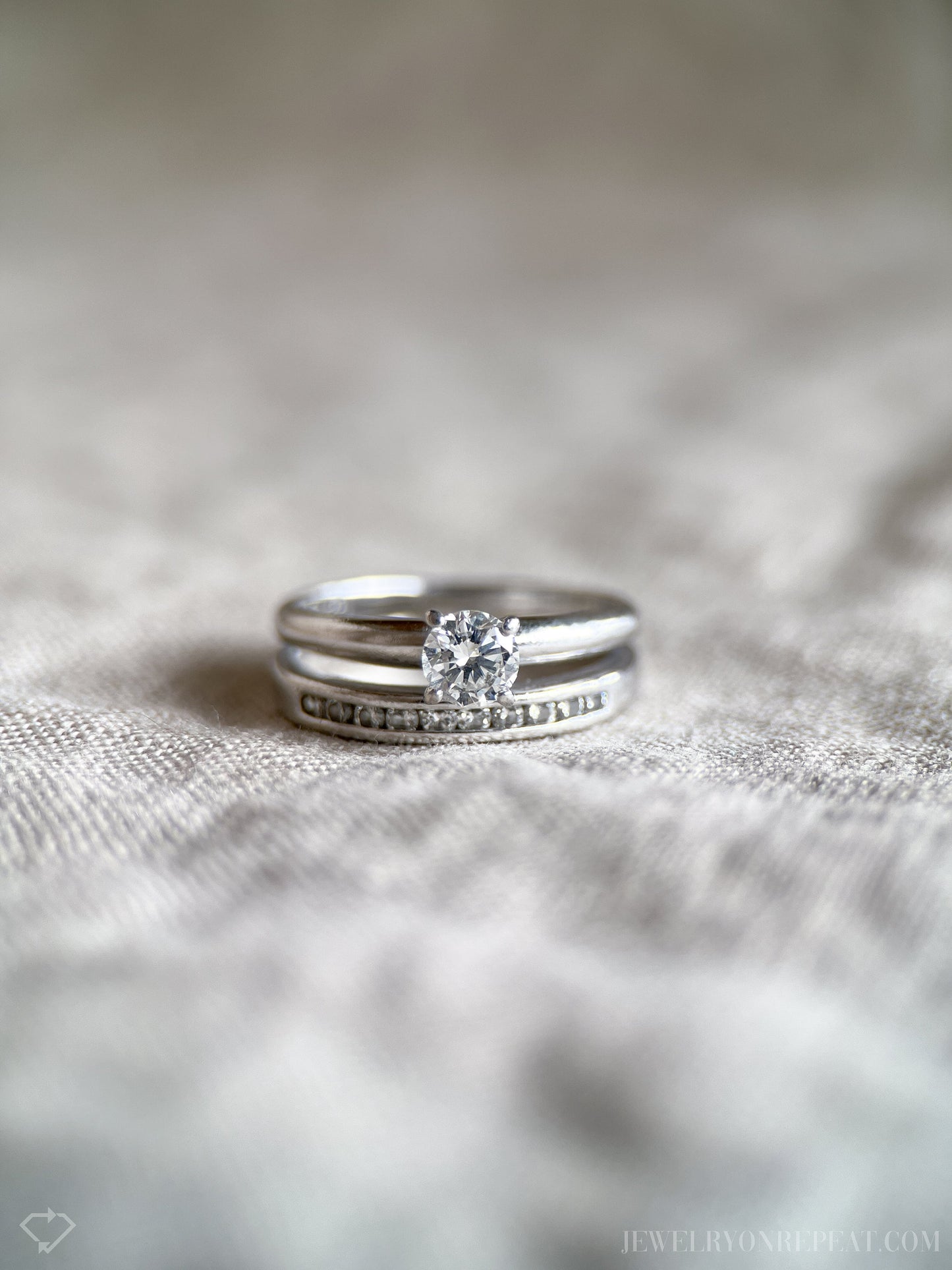 Vintage Diamond Engagement & Wedding Ring, Round Cut, Platinum, 1990s Solitaire Channel Bridal Set