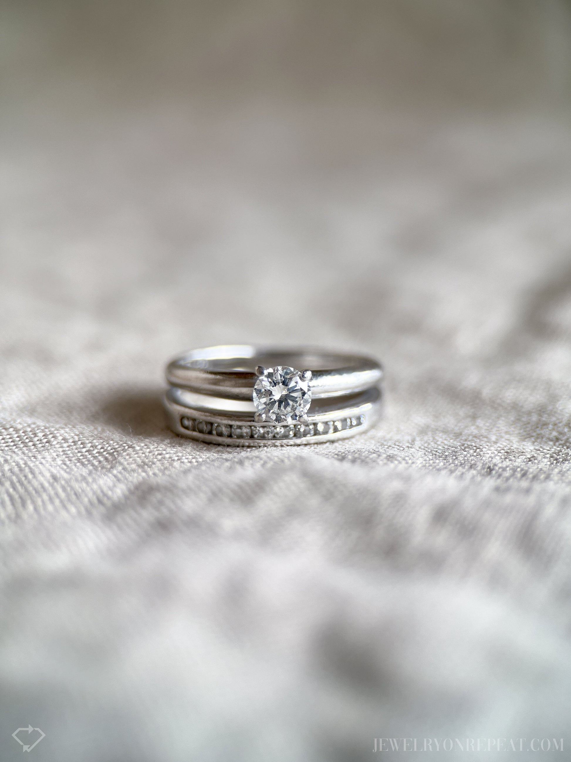 Vintage Diamond Engagement & Wedding Ring, Round Cut, Platinum, 1990s Solitaire Channel Bridal Set