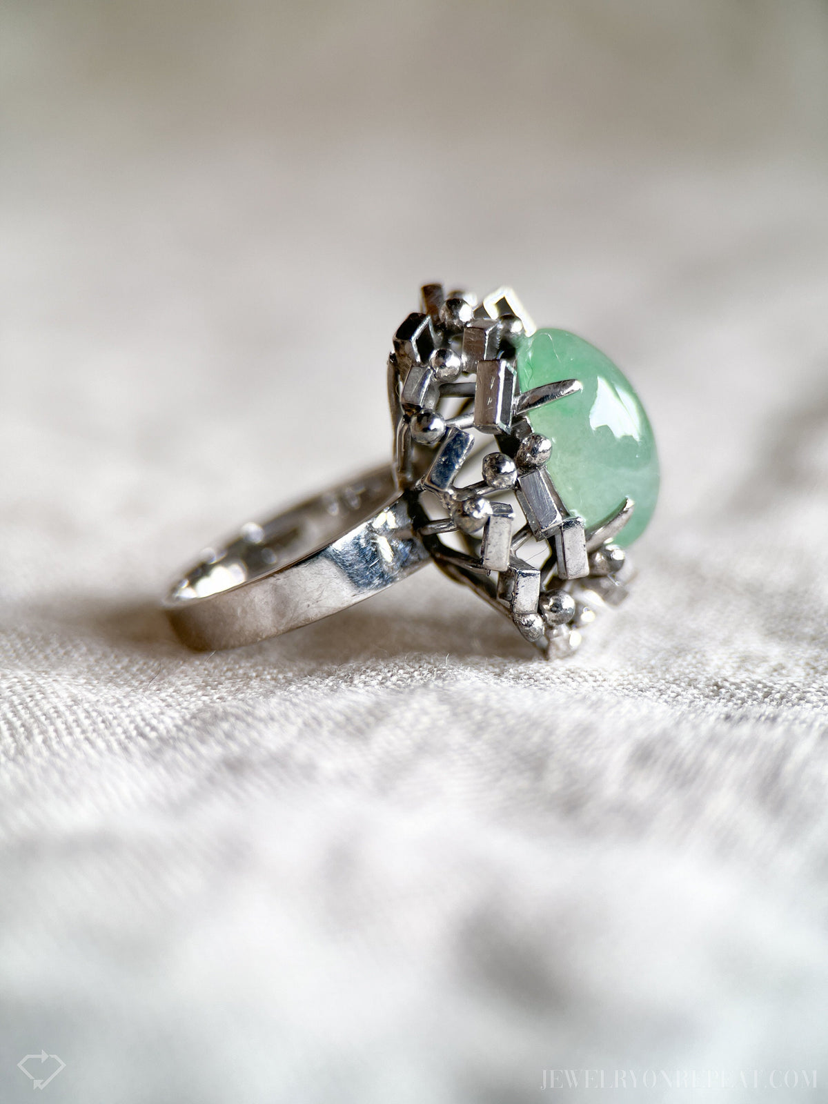 Vintage 1960s Oval Jade Gemstone Ring, 14k White Gold