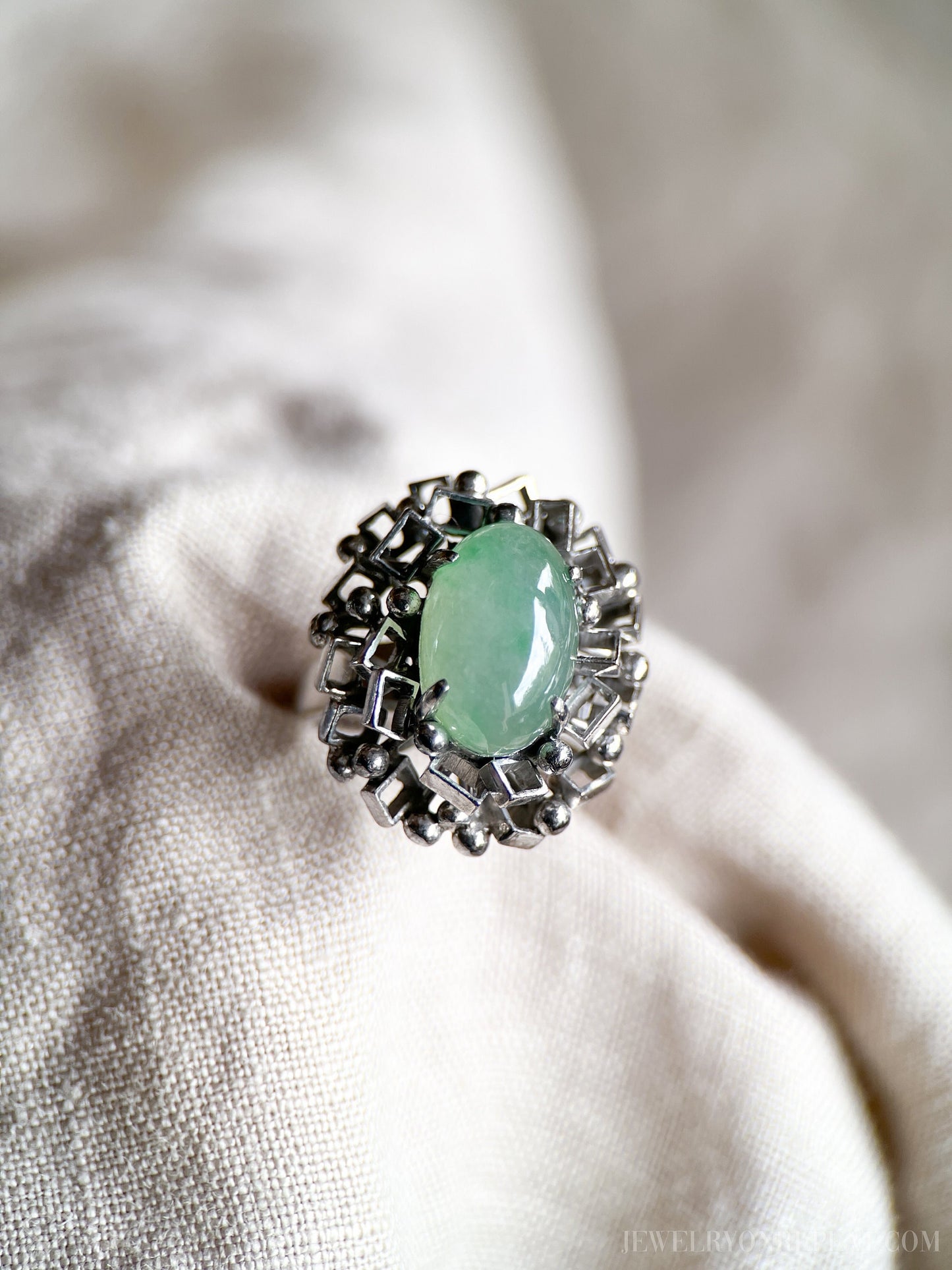 Vintage 1960s Oval Jade Gemstone Ring, 14k White Gold