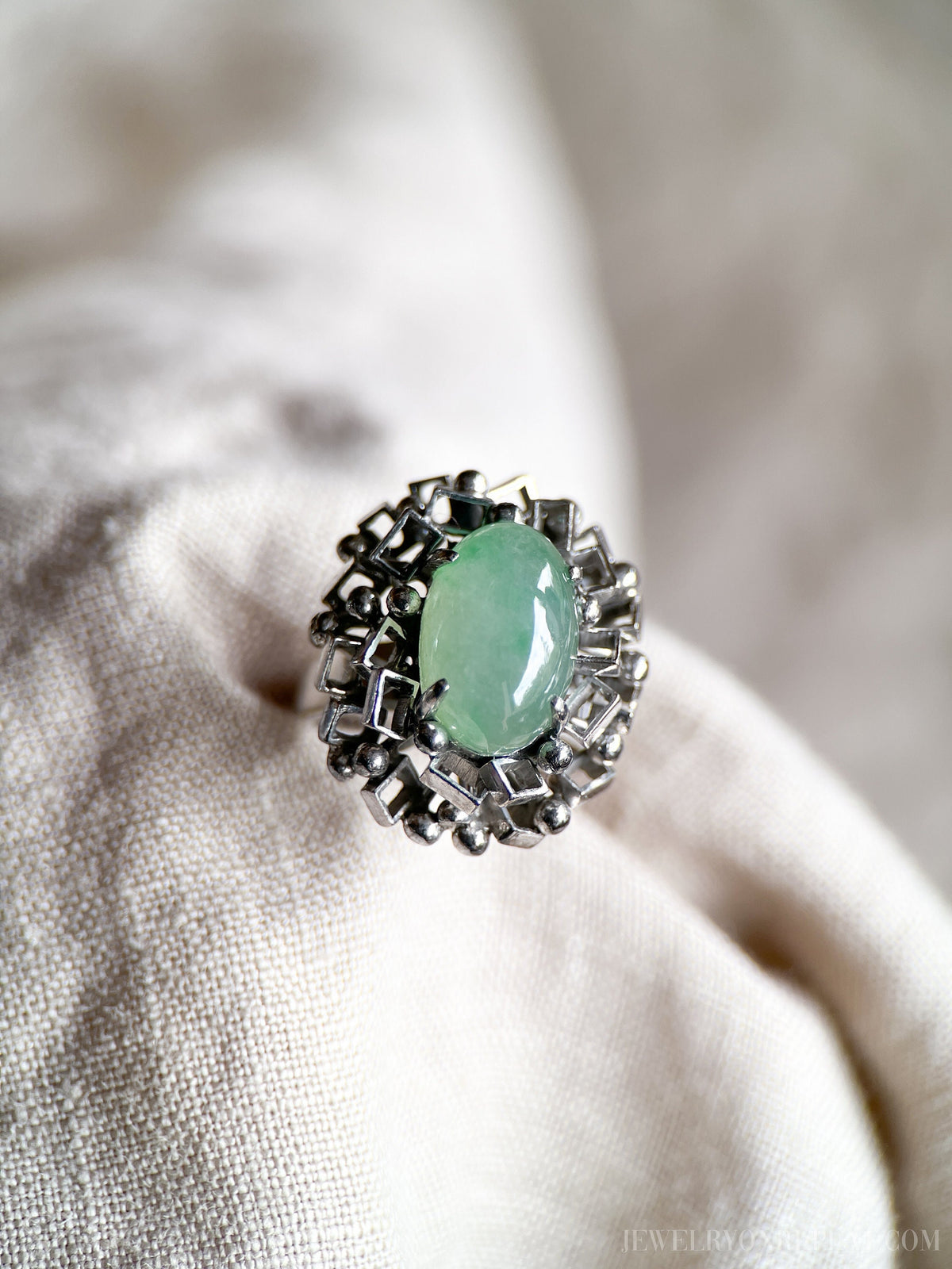 Vintage 1960s Oval Jade Gemstone Ring, 14k White Gold