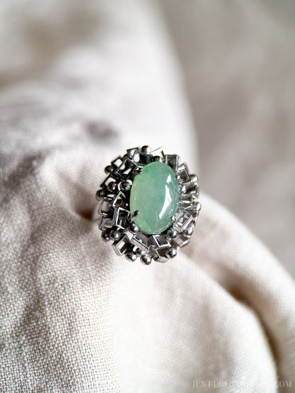 Vintage 1960s Oval Jade Gemstone Ring, 14k White Gold