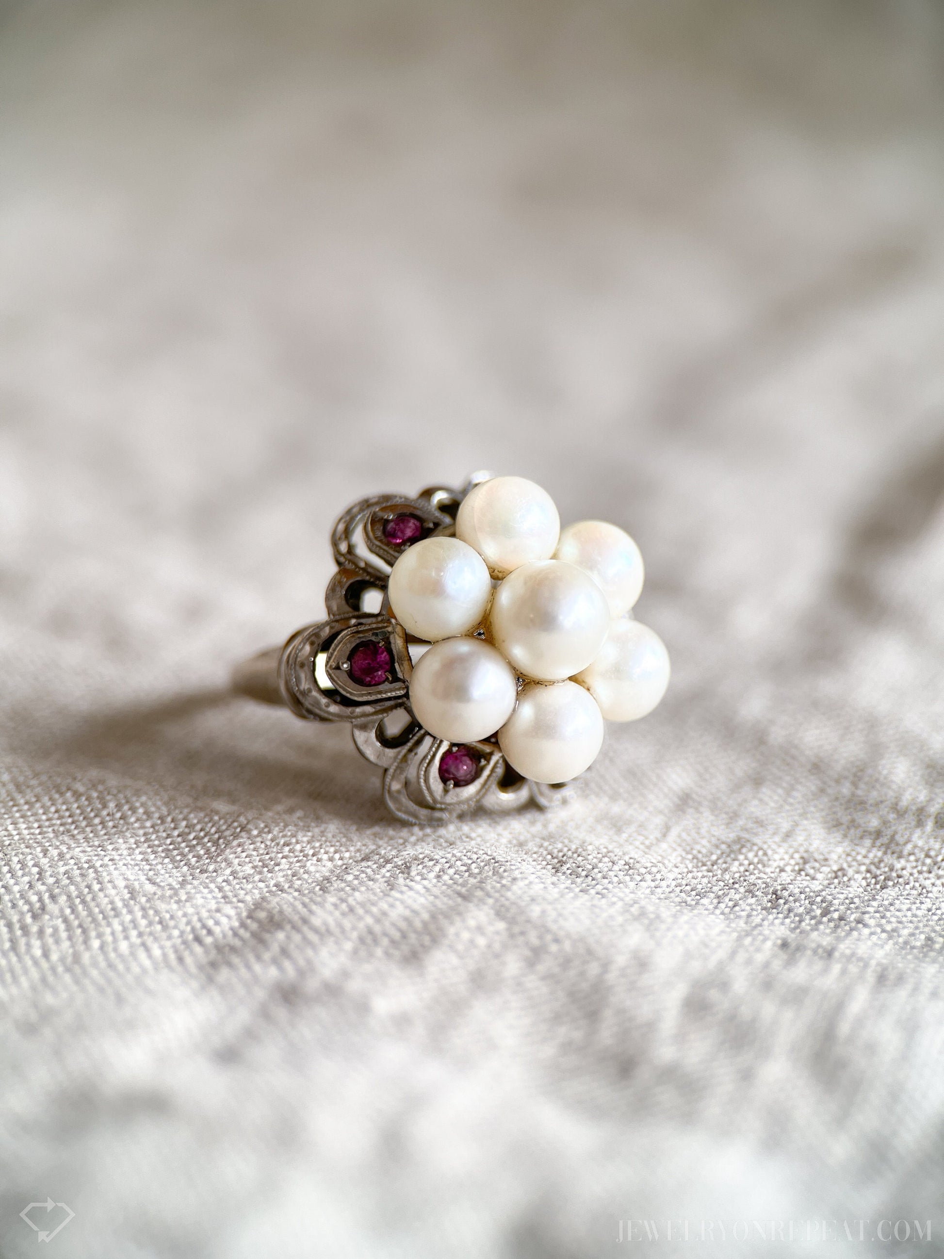 Vintage Pearl Cluster Ring in 14k White Gold