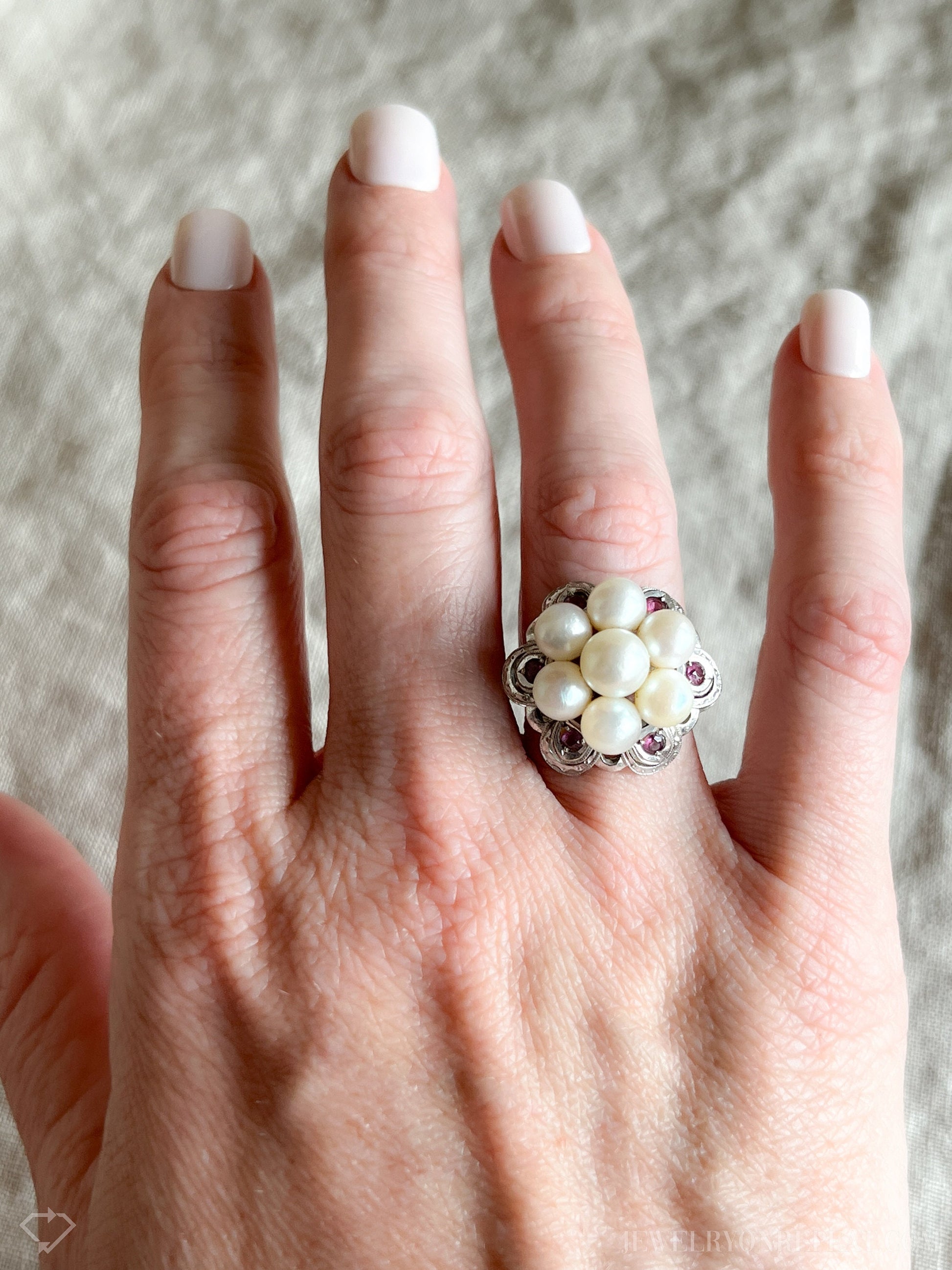 Vintage Pearl Cluster Ring in 14k White Gold