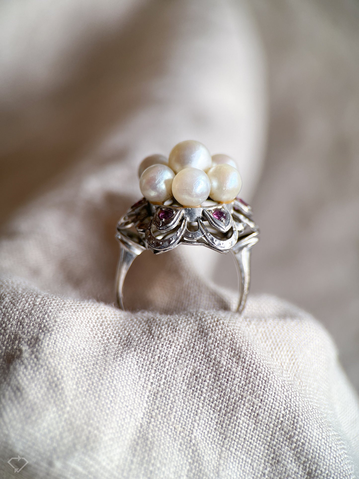 Vintage Pearl Cluster Ring in 14k White Gold