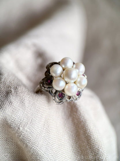 Vintage 1960s Pearl Cluster Ring in 14k White Gold