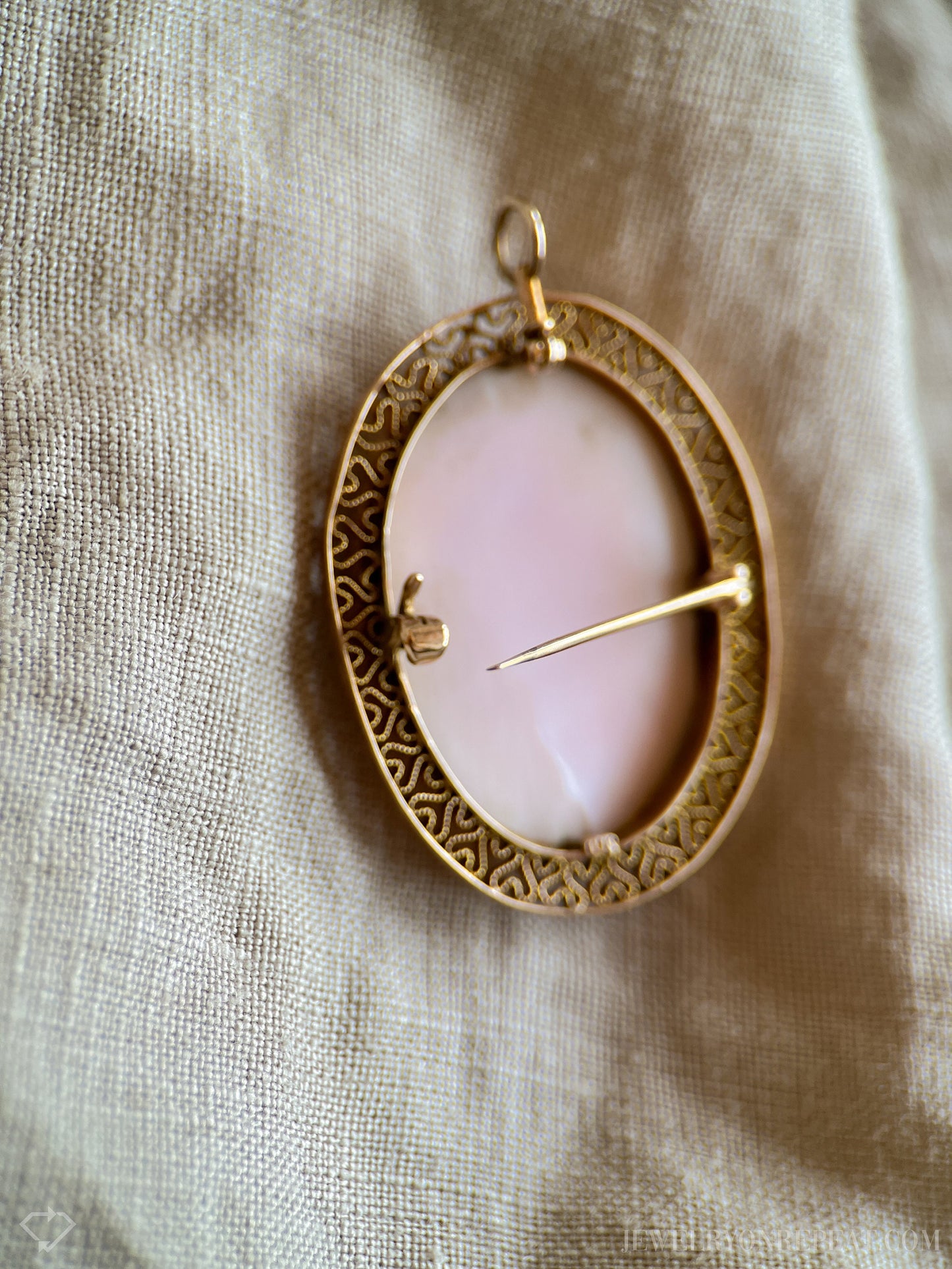 Vintage Pink Cameo Brooch Pendant with Filigree Frame in 10k Gold