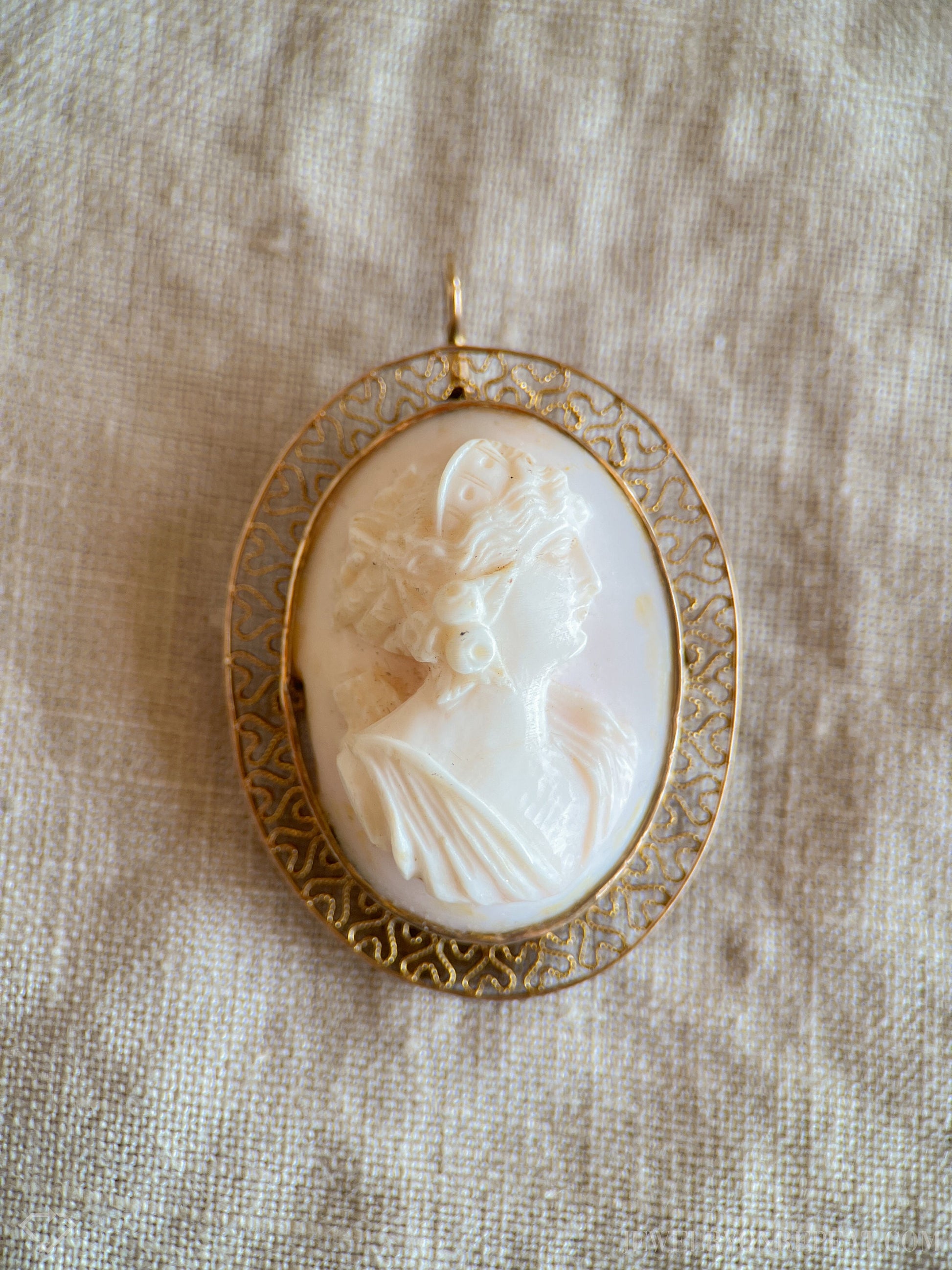 Vintage Pink Cameo Brooch Pendant with Filigree Frame in 10k Gold