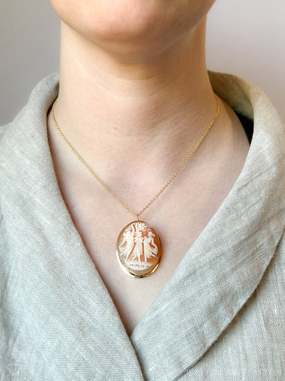 Vintage 1940s Three Graces Cameo Brooch Pendant, 18k Gold
