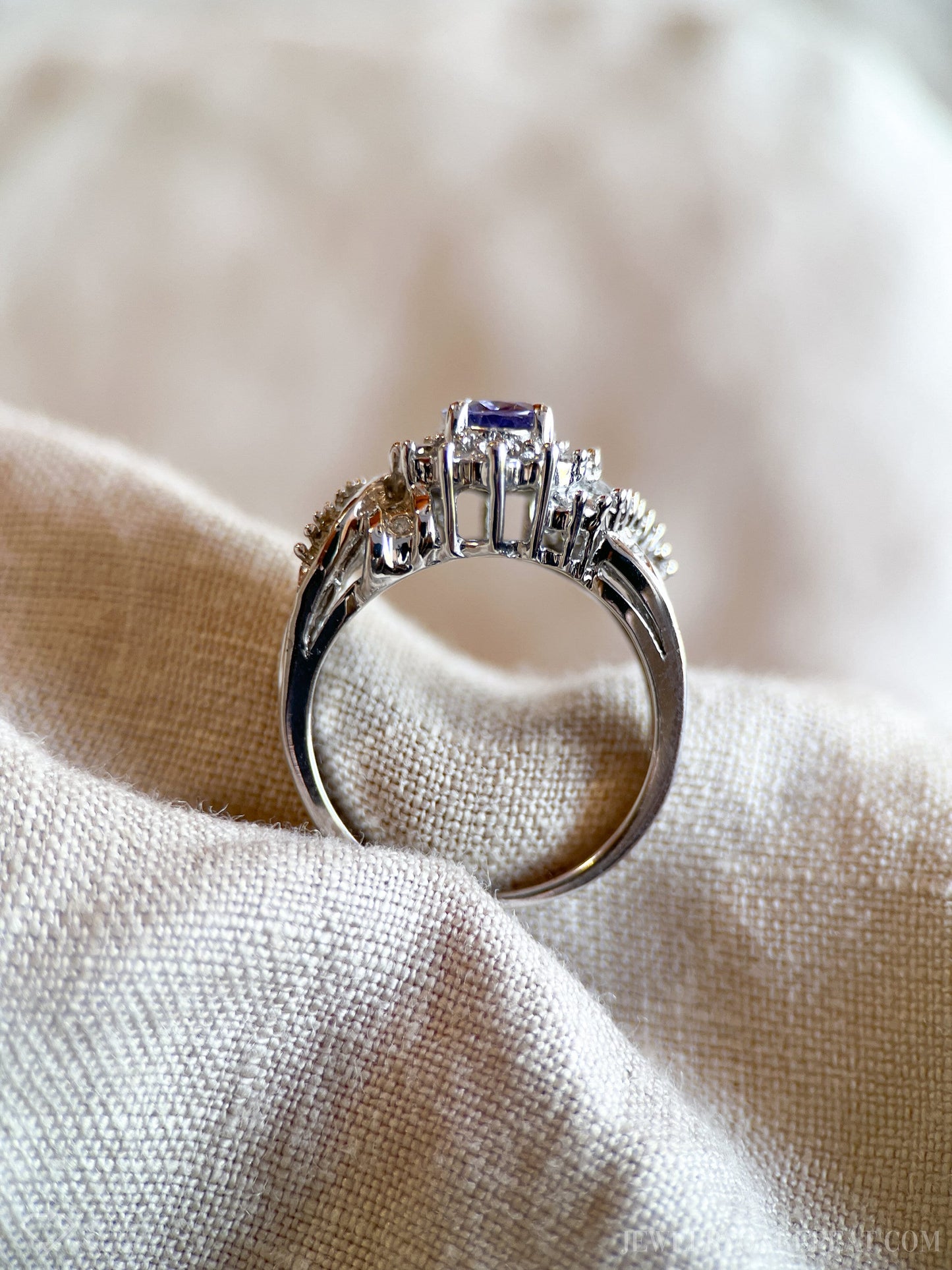 Vintage Tanzanite and Diamond Halo Gemstone Ring in 14k White Gold