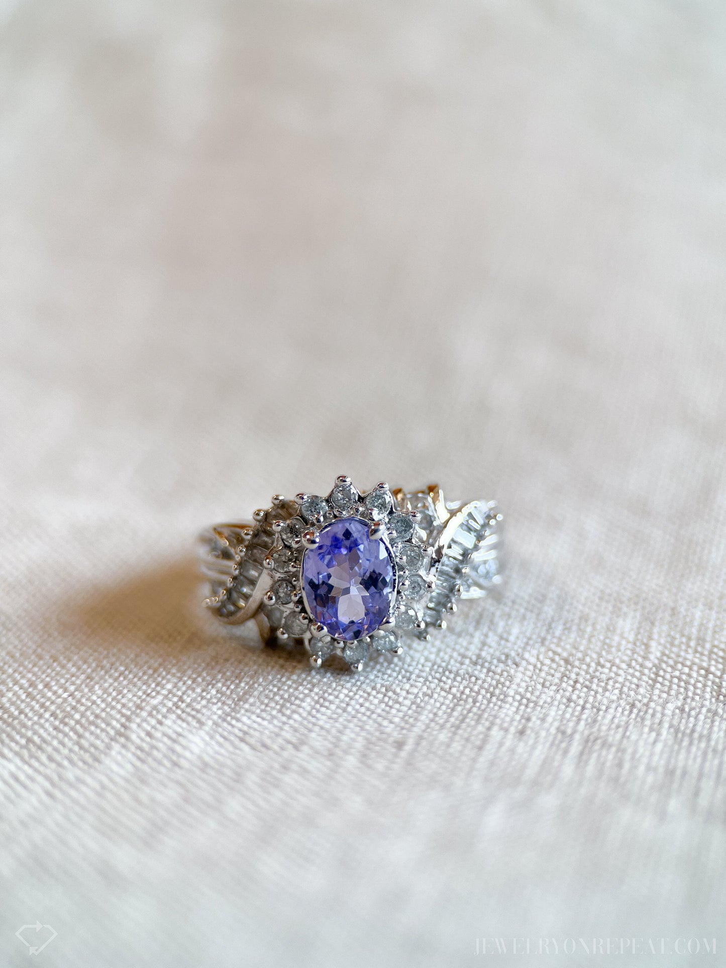 Vintage Tanzanite and Diamond Halo Gemstone Ring in 14k White Gold