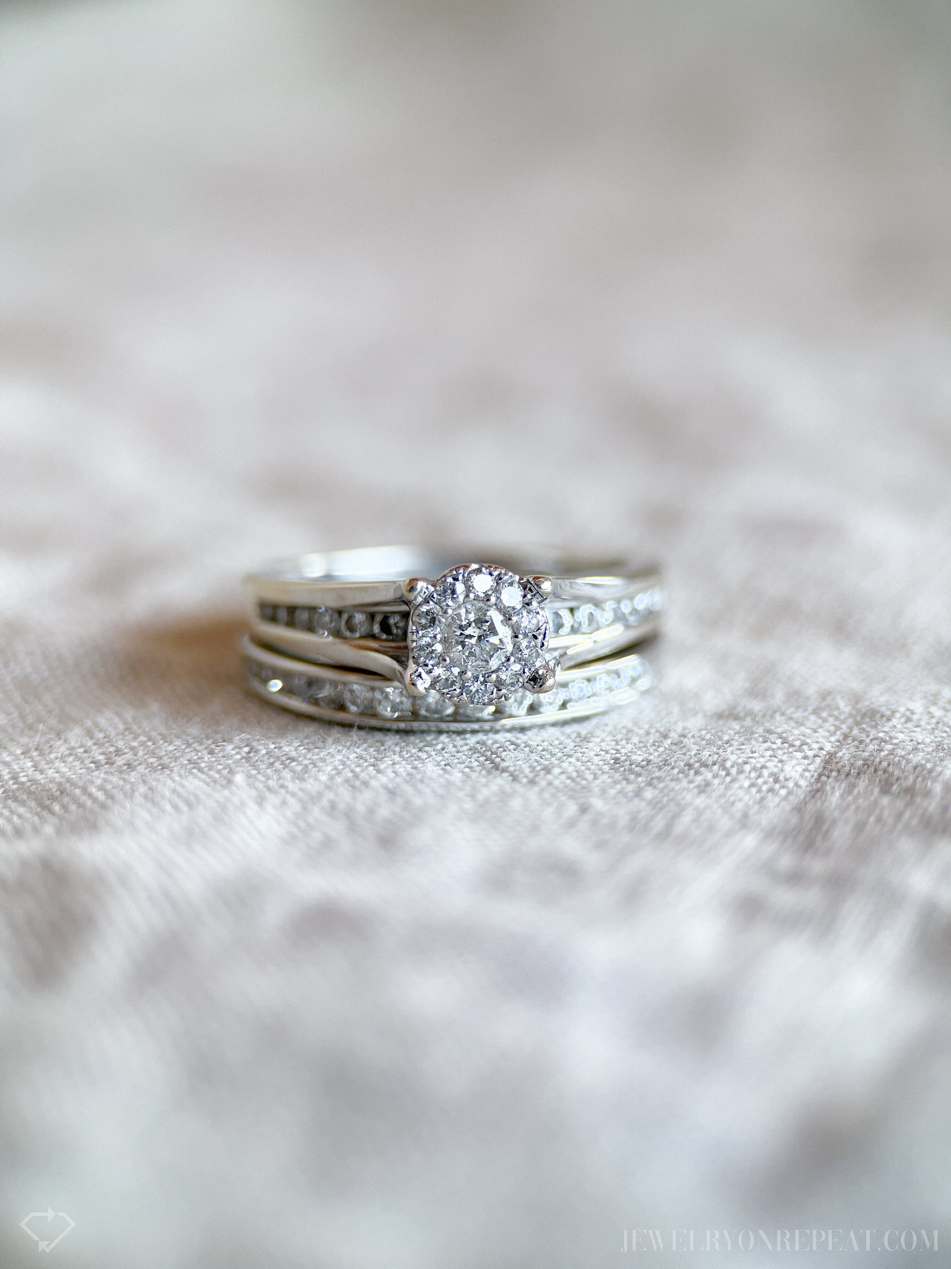 Vintage Bridal Set with Diamond Halo Engagement Ring and Channel Set Wedding Band in 14k White Gold - Timeless