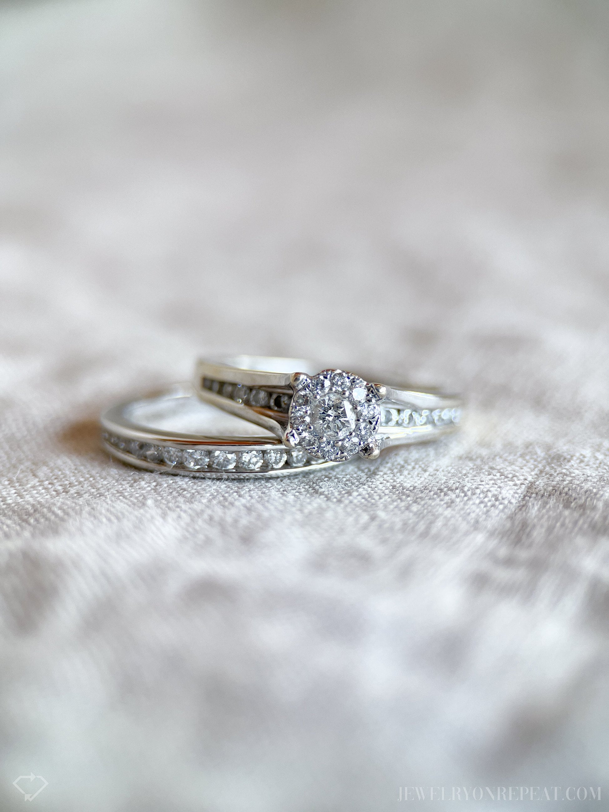 Vintage Bridal Set with Diamond Halo Engagement Ring and Channel Set Wedding Band in 14k White Gold - Timeless