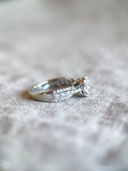 Vintage Diamond Engagement Ring, Round Cut, 14k White Gold, 2000s Halo Prong Setting