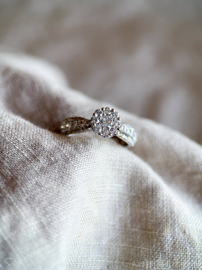 Vintage Diamond Engagement Ring, Round Cut, 14k White Gold, 2000s Halo Prong Setting