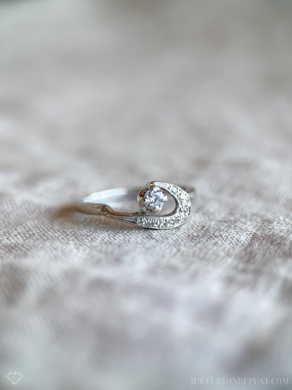 Vintage Diamond Engagement Ring, Round Cut, 14k White Gold, 1950s Mid-Century Bridal Ring