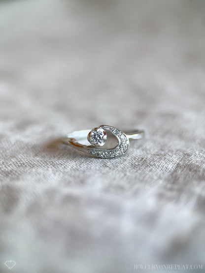 Vintage Diamond Engagement Ring, Round Cut, 14k White Gold, 1950s Mid-Century Bridal Ring