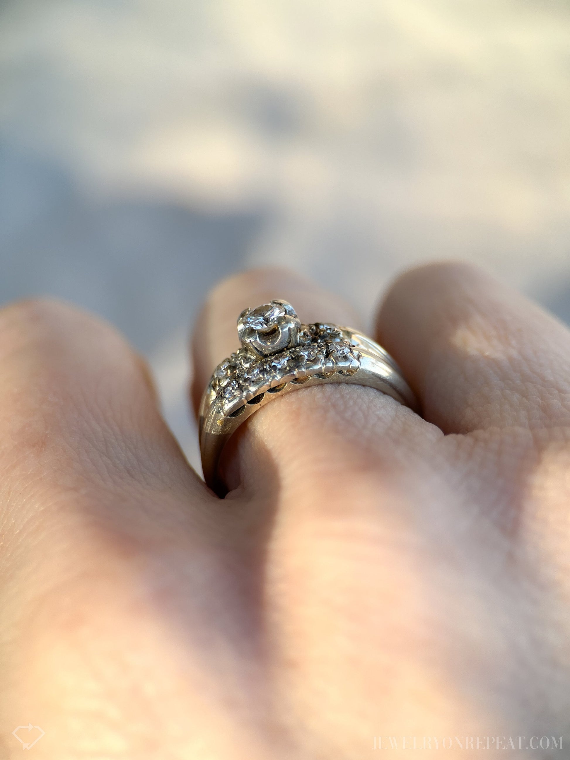 Vintage Diamond Bridal Set with Art Deco Engagement Ring and Wedding Band in 18k White Gold