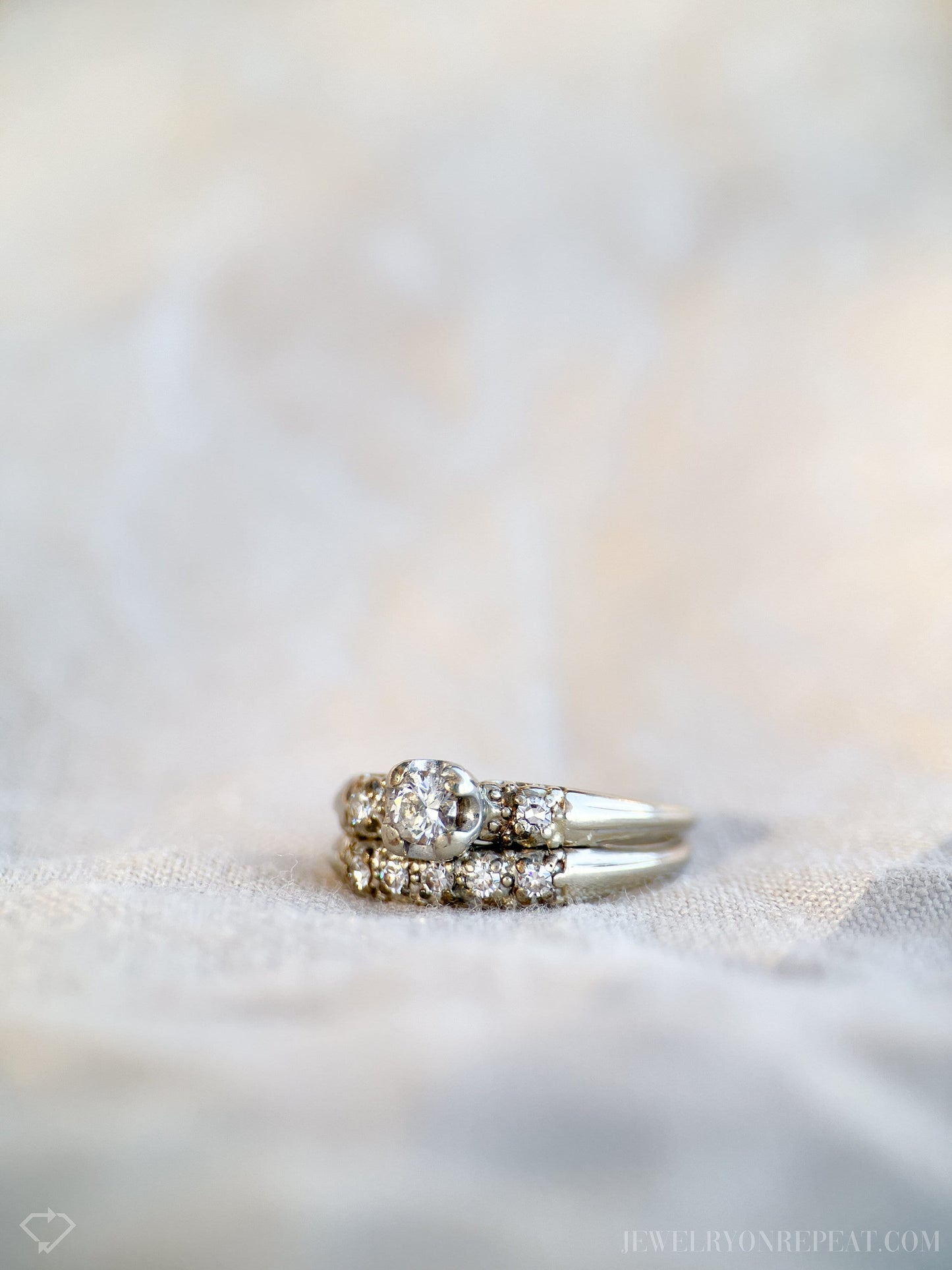 Vintage Diamond Bridal Set with Art Deco Engagement Ring and Wedding Band in 18k White Gold