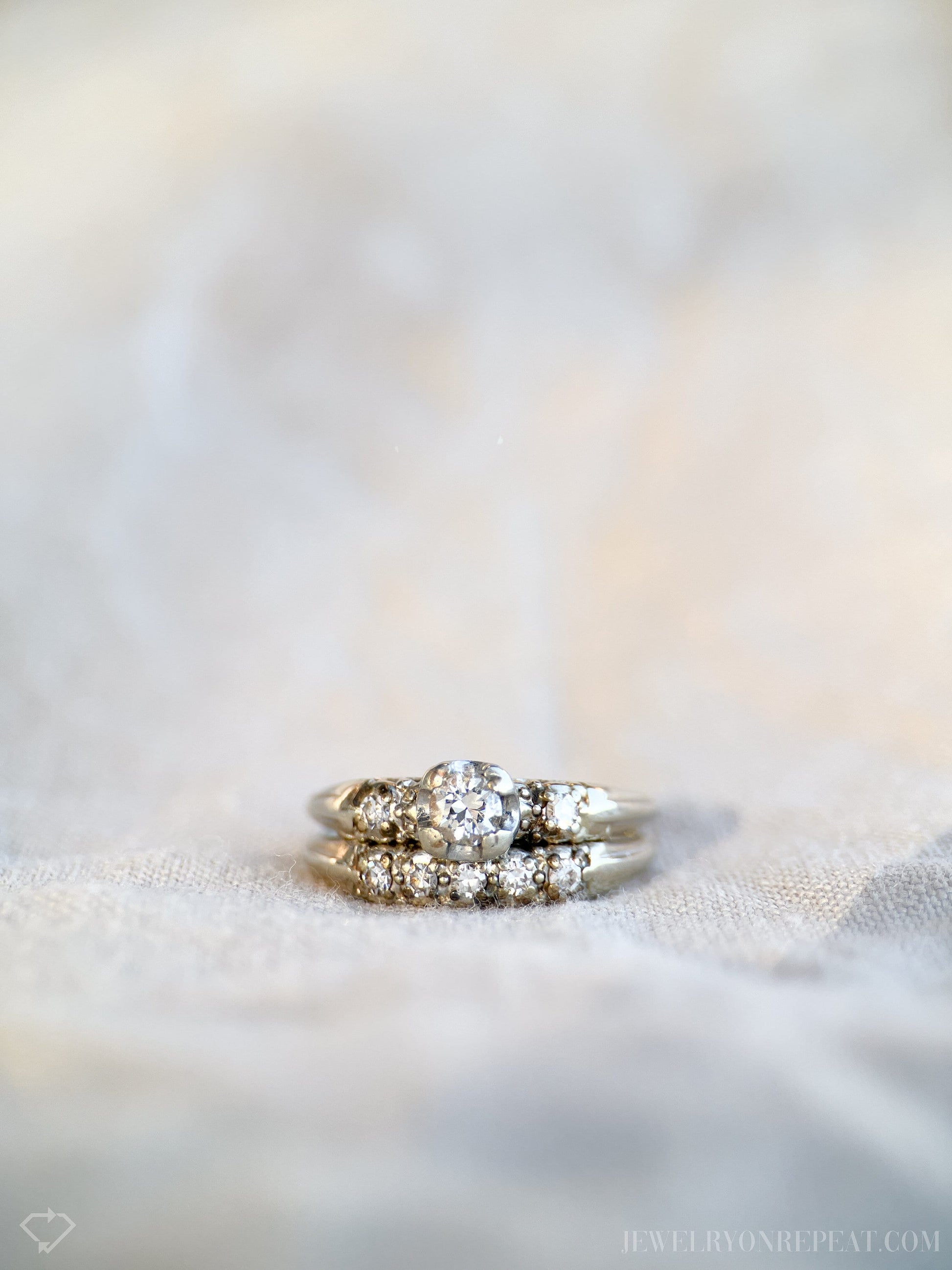 Vintage Diamond Bridal Set with Art Deco Engagement Ring and Wedding Band in 18k White Gold