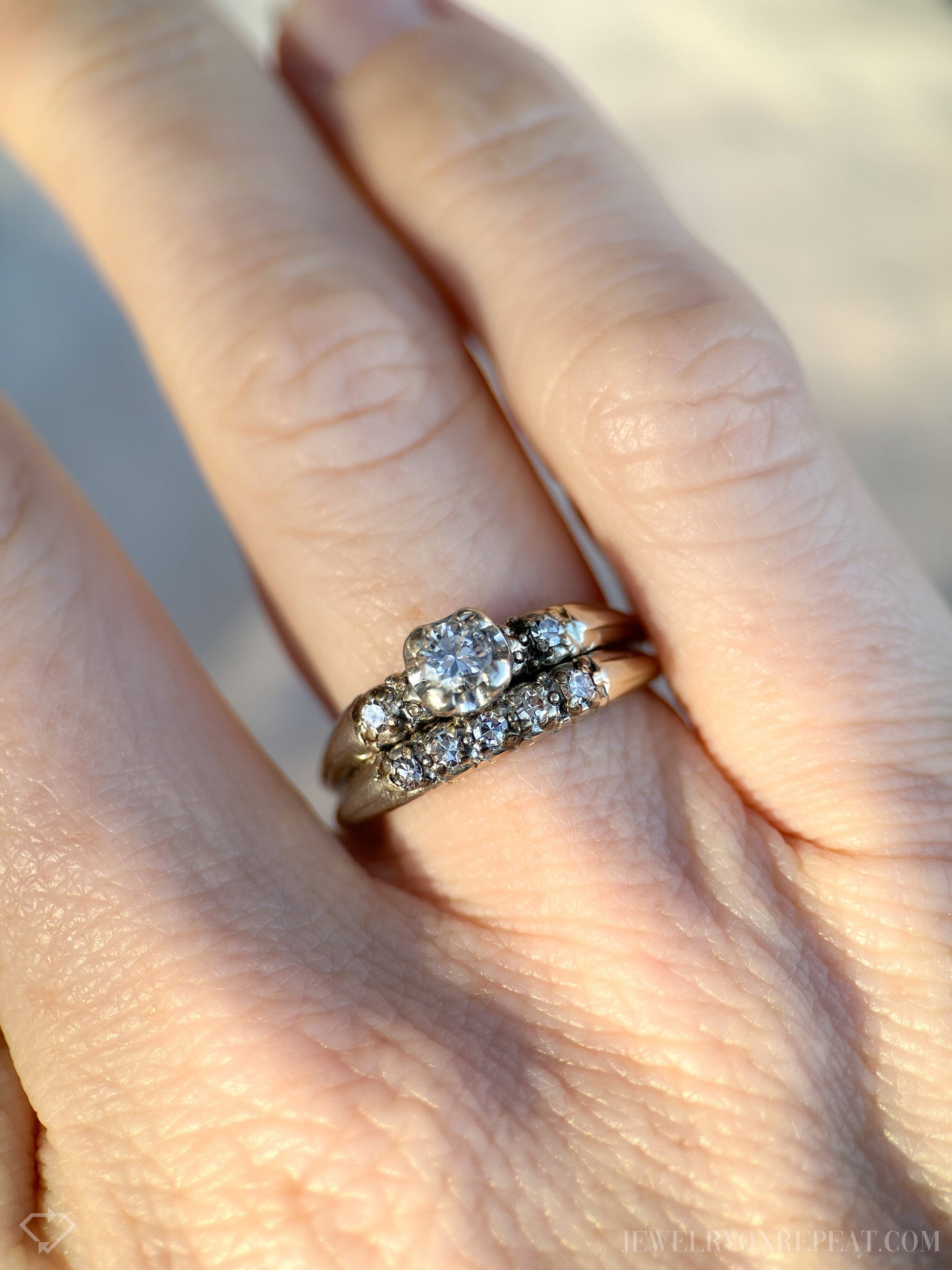 Vintage Diamond Bridal Set with Art Deco Engagement Ring and Wedding Band in 18k White Gold