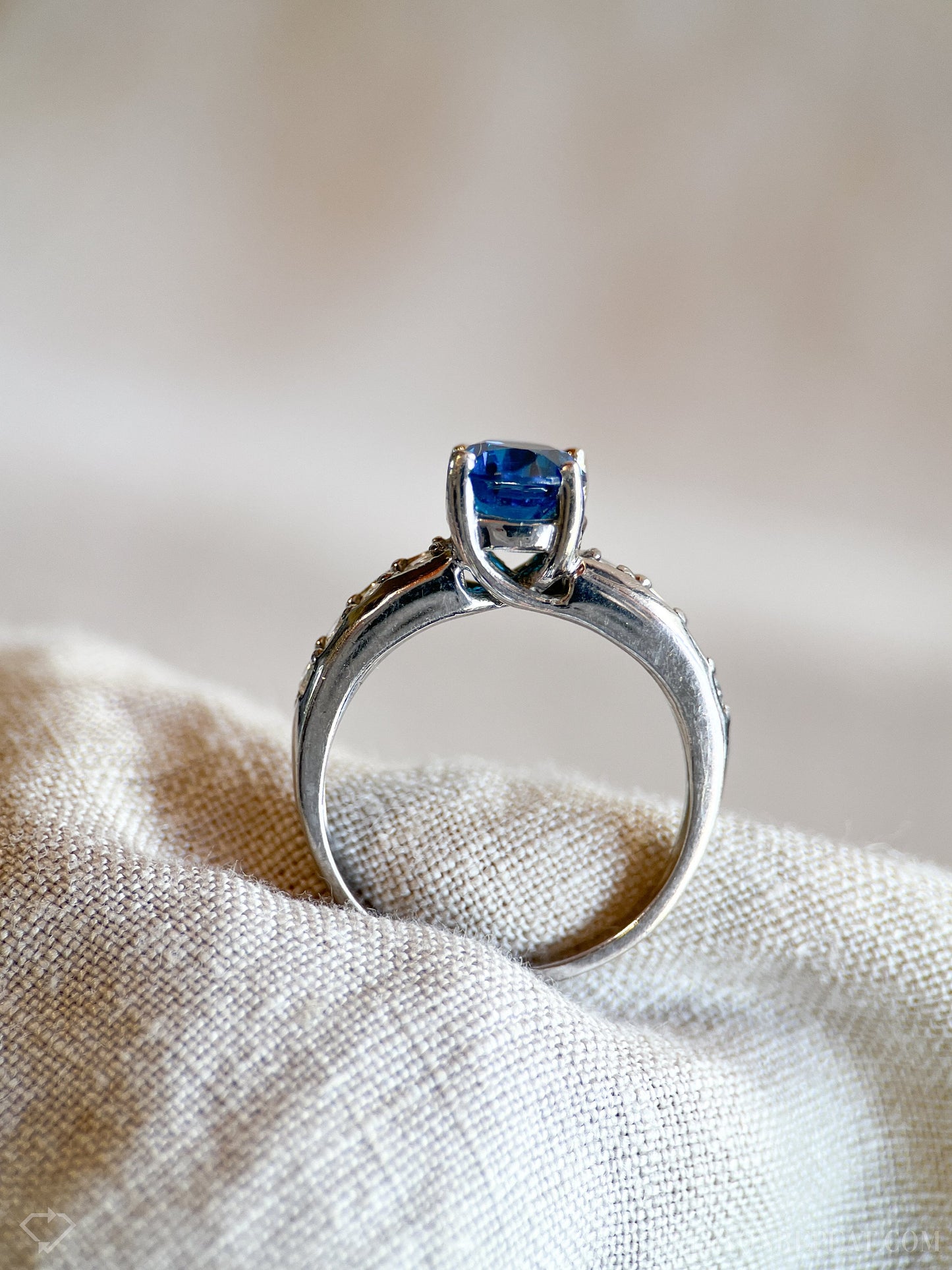 Vintage Blue Topaz Gemstone and Diamond Ring in 14k White Gold