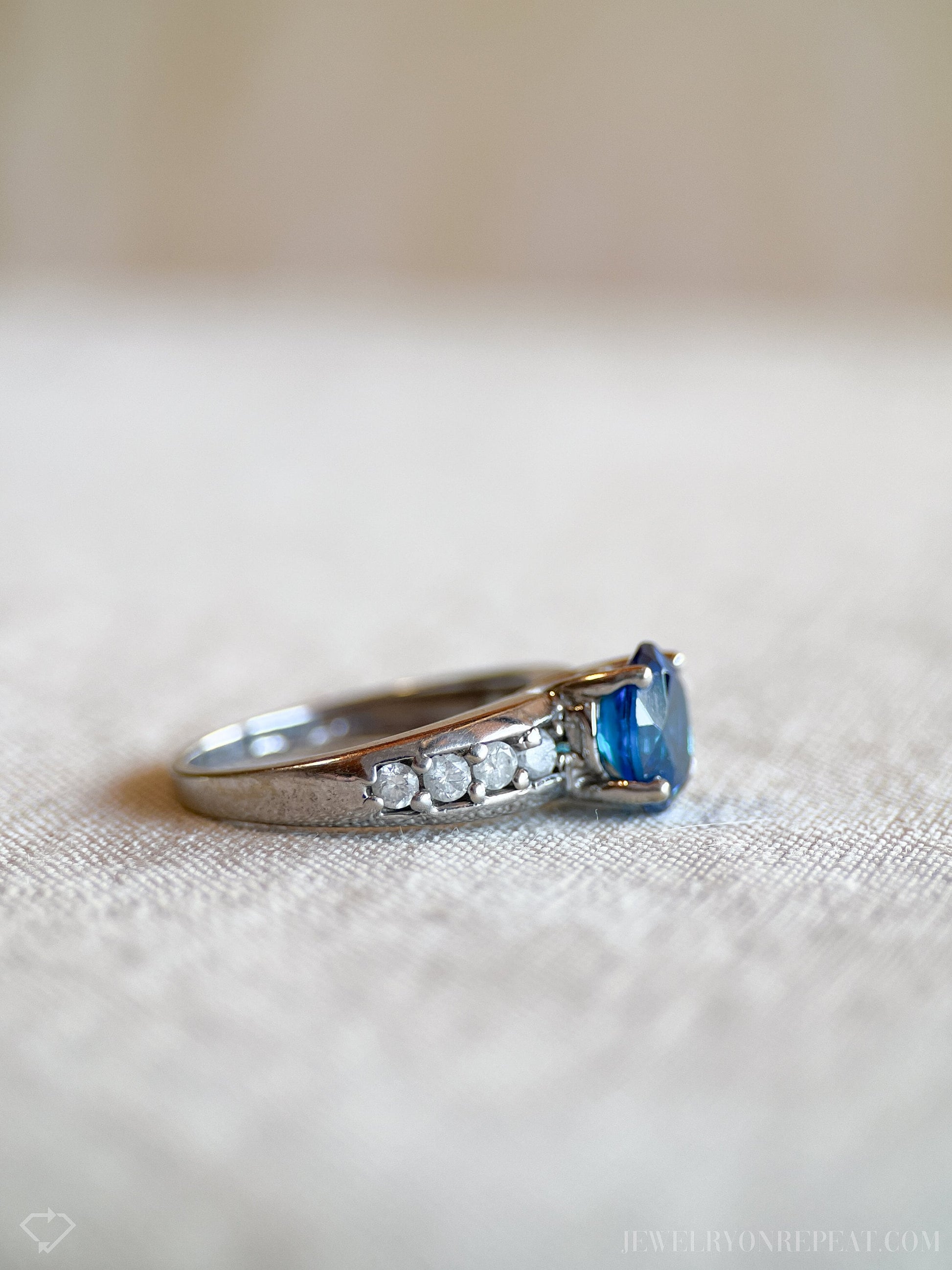 Vintage Blue Topaz Gemstone and Diamond Ring in 14k White Gold